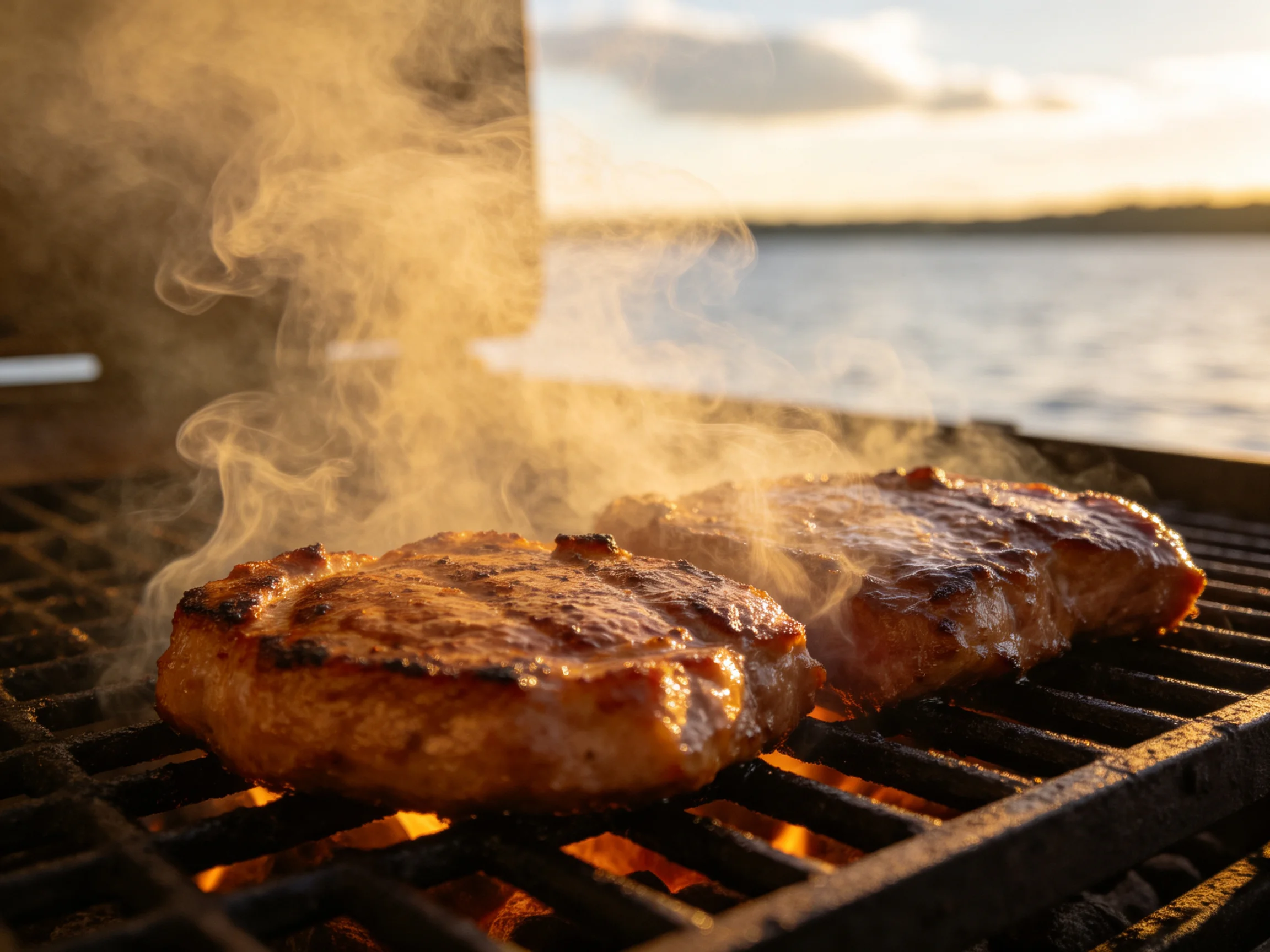 Two golden-brown steaks sizzle on a grill with rising smoke, near a body of water
