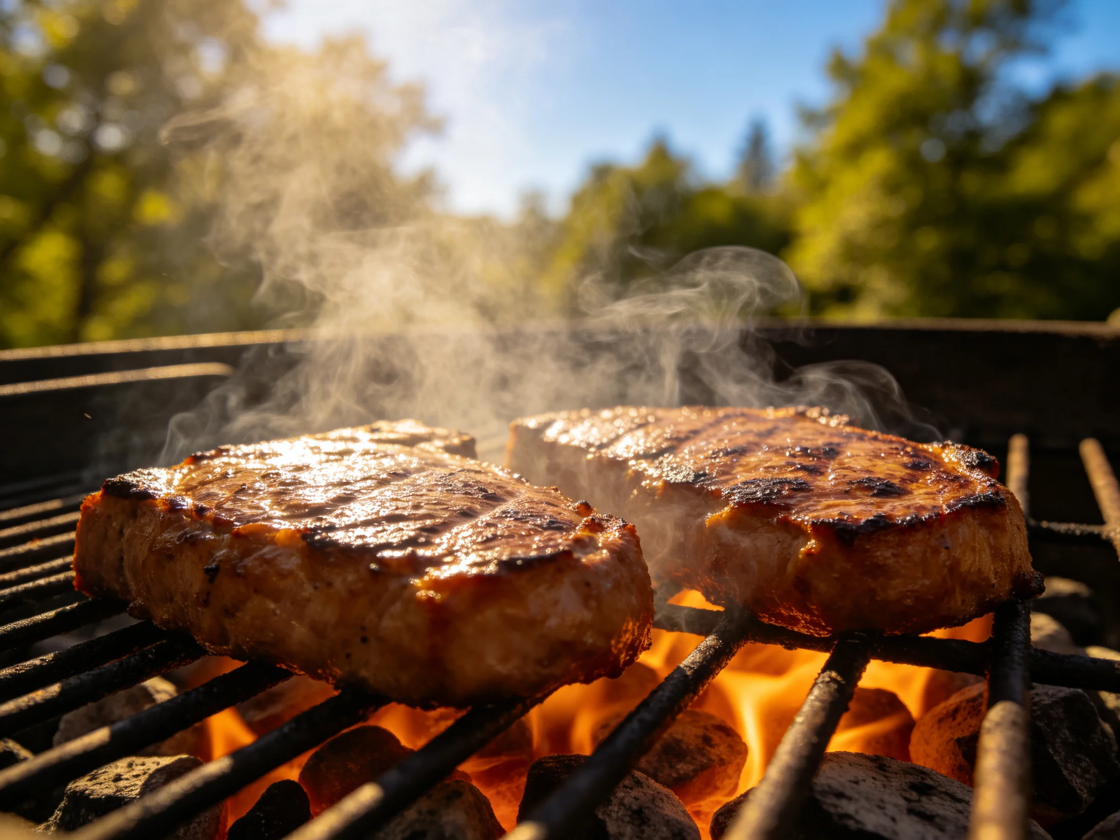 Two golden-brown steaks sizzle over bright orange flames on an outdoor grill