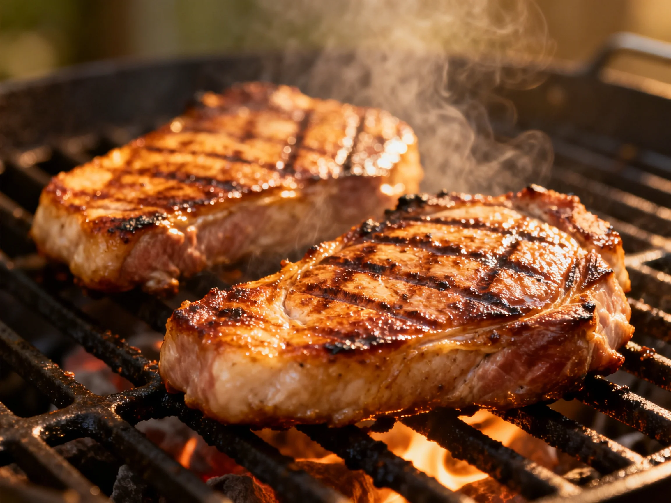 Two golden-brown steaks sizzling on a black charcoal grill