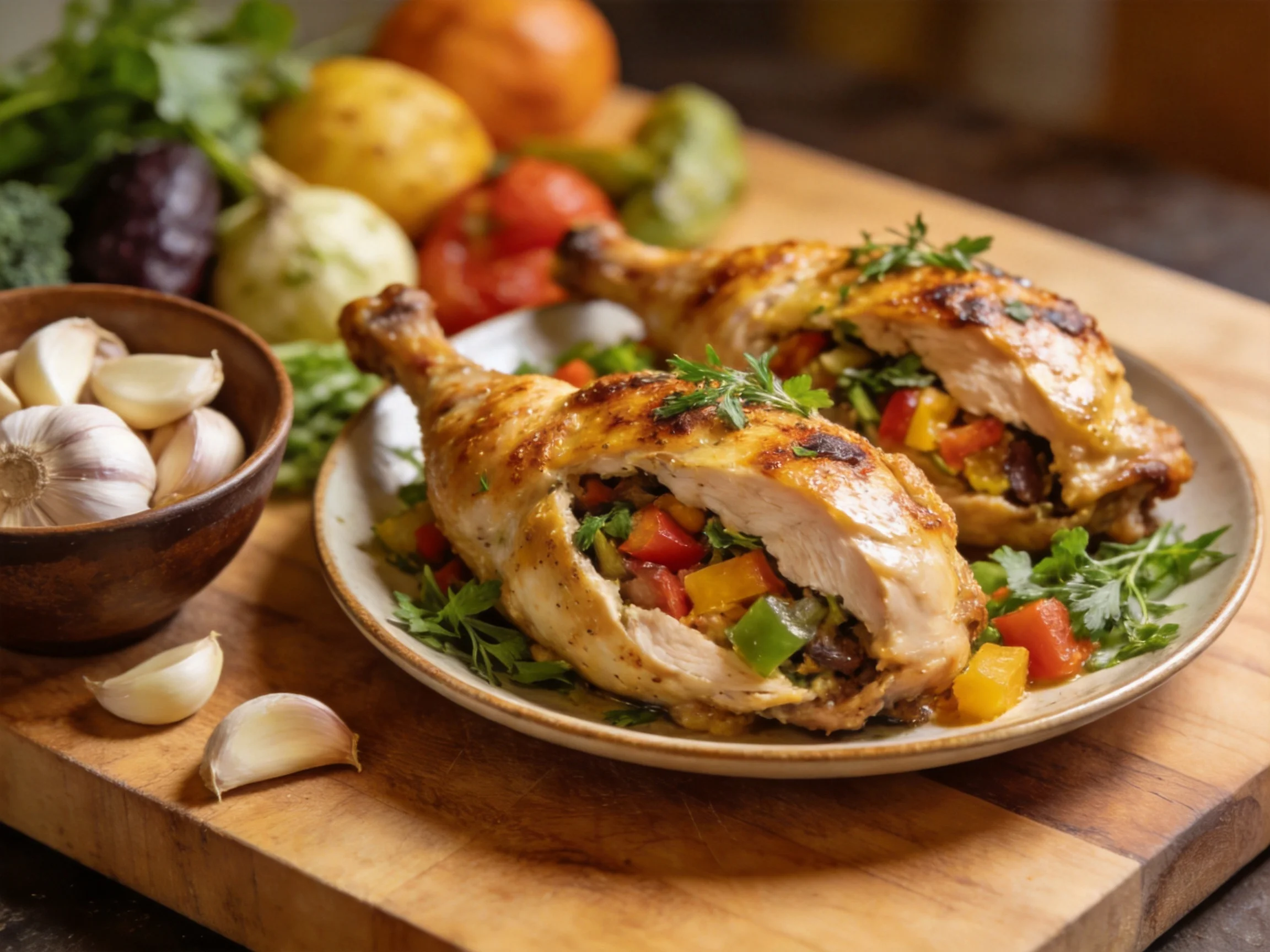 Two golden-brown stuffed chicken legs with colorful veggies on a wooden cutting board