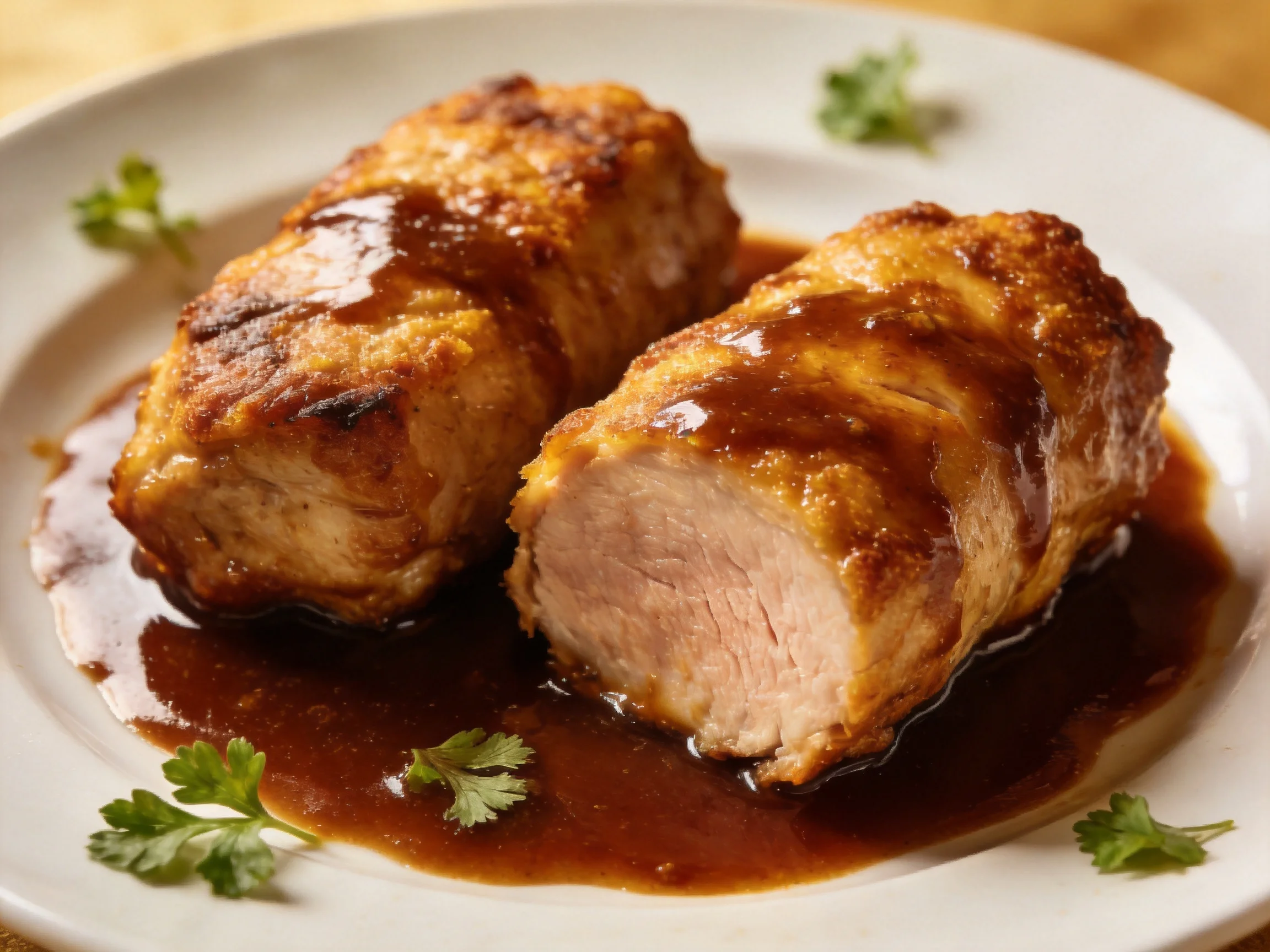 Two golden-brown stuffed pork rolls drizzled with dark brown sauce