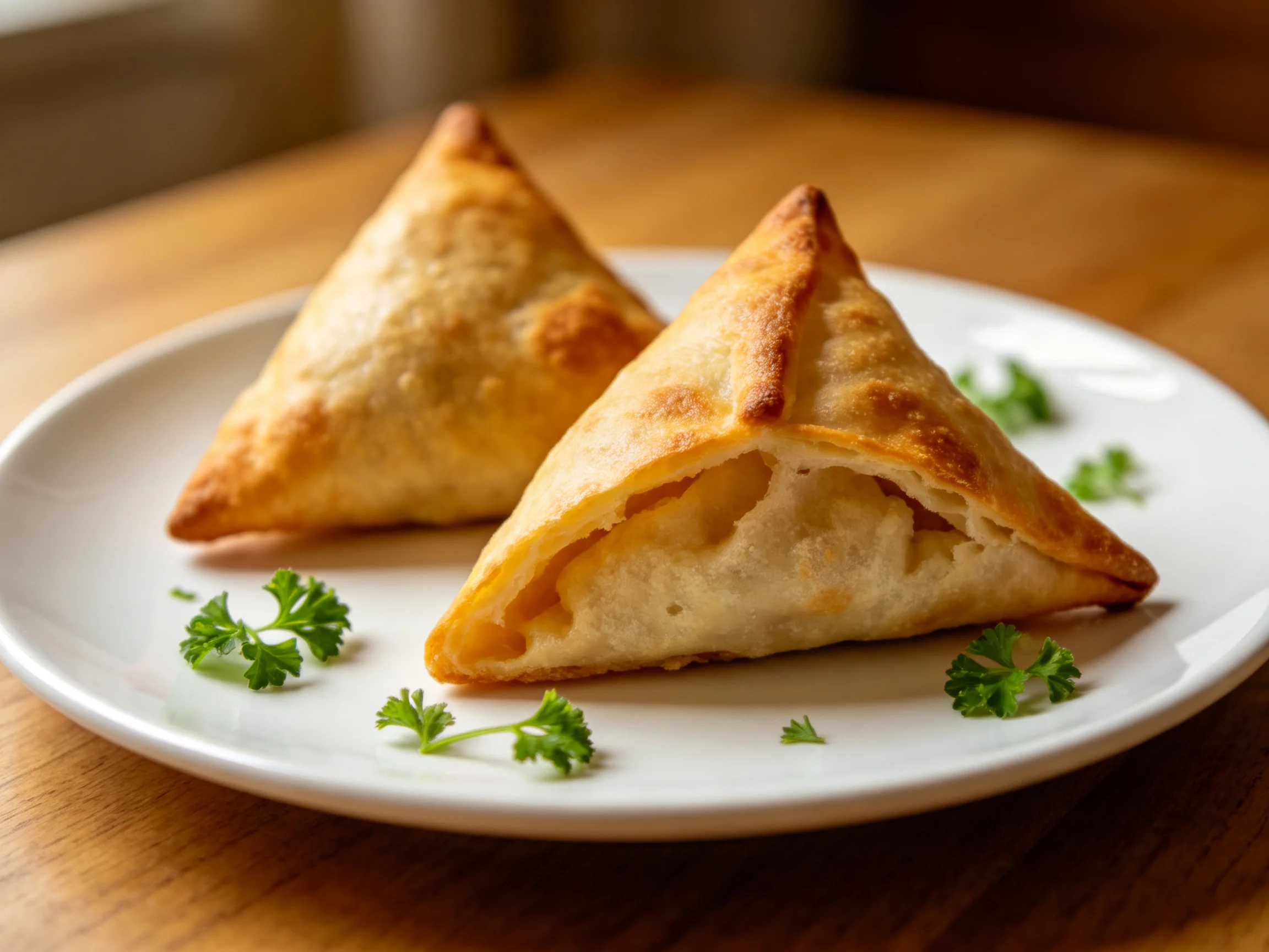 Two golden-brown triangular pastries garnished with fresh parsley on a white plate