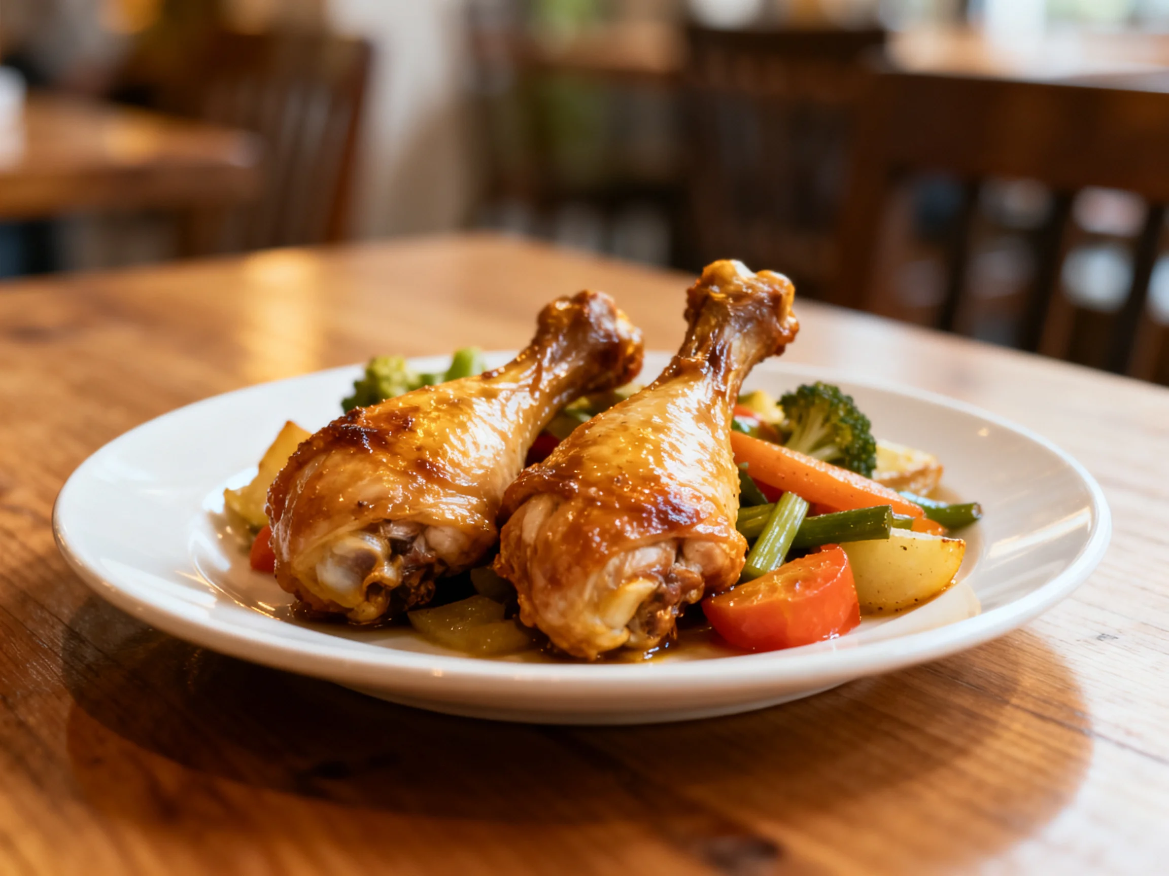 Two golden chicken drumsticks served with mixed roasted vegetables
