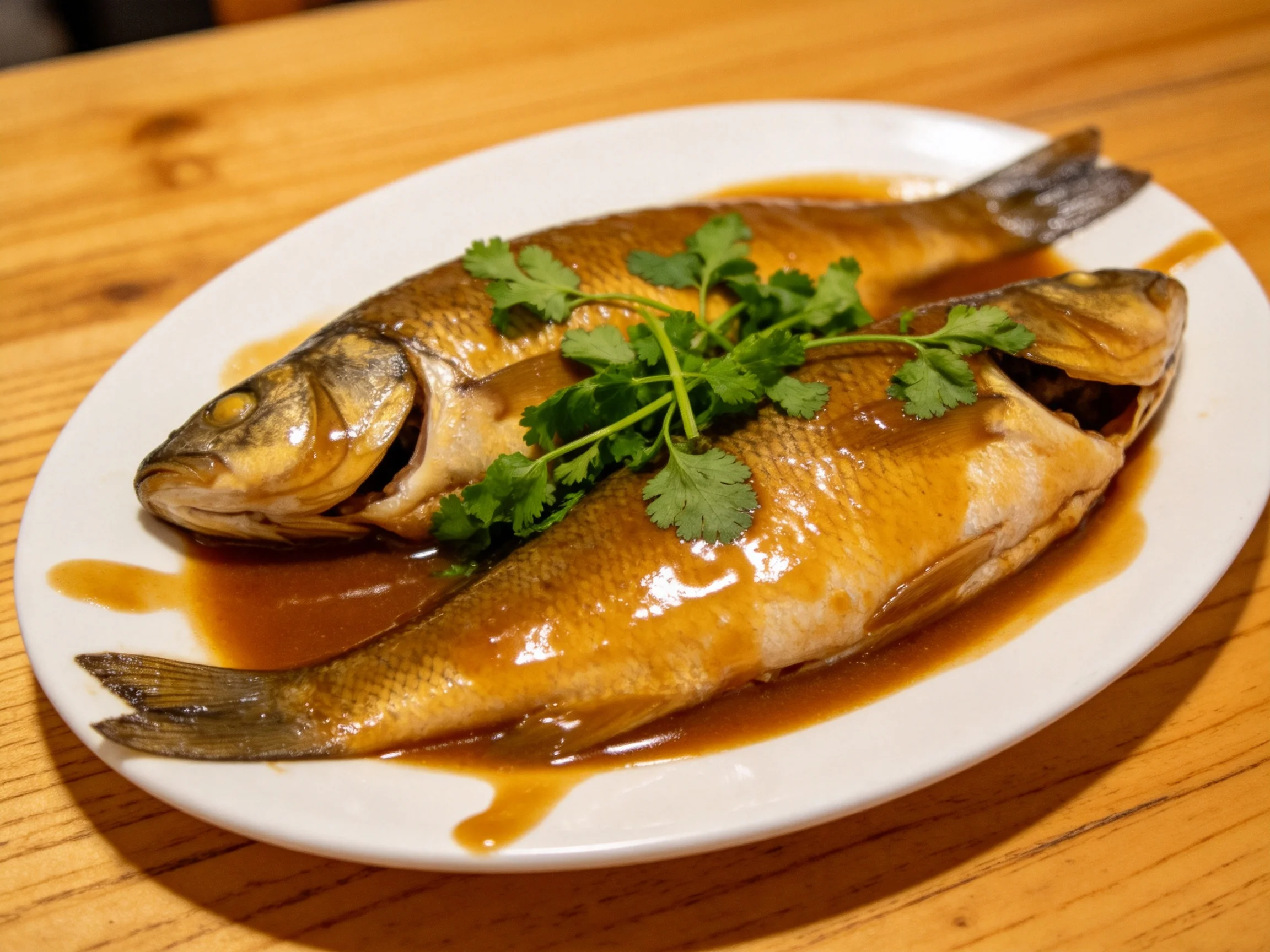 Two golden-hued steamed fish garnished with cilantro on a white platter