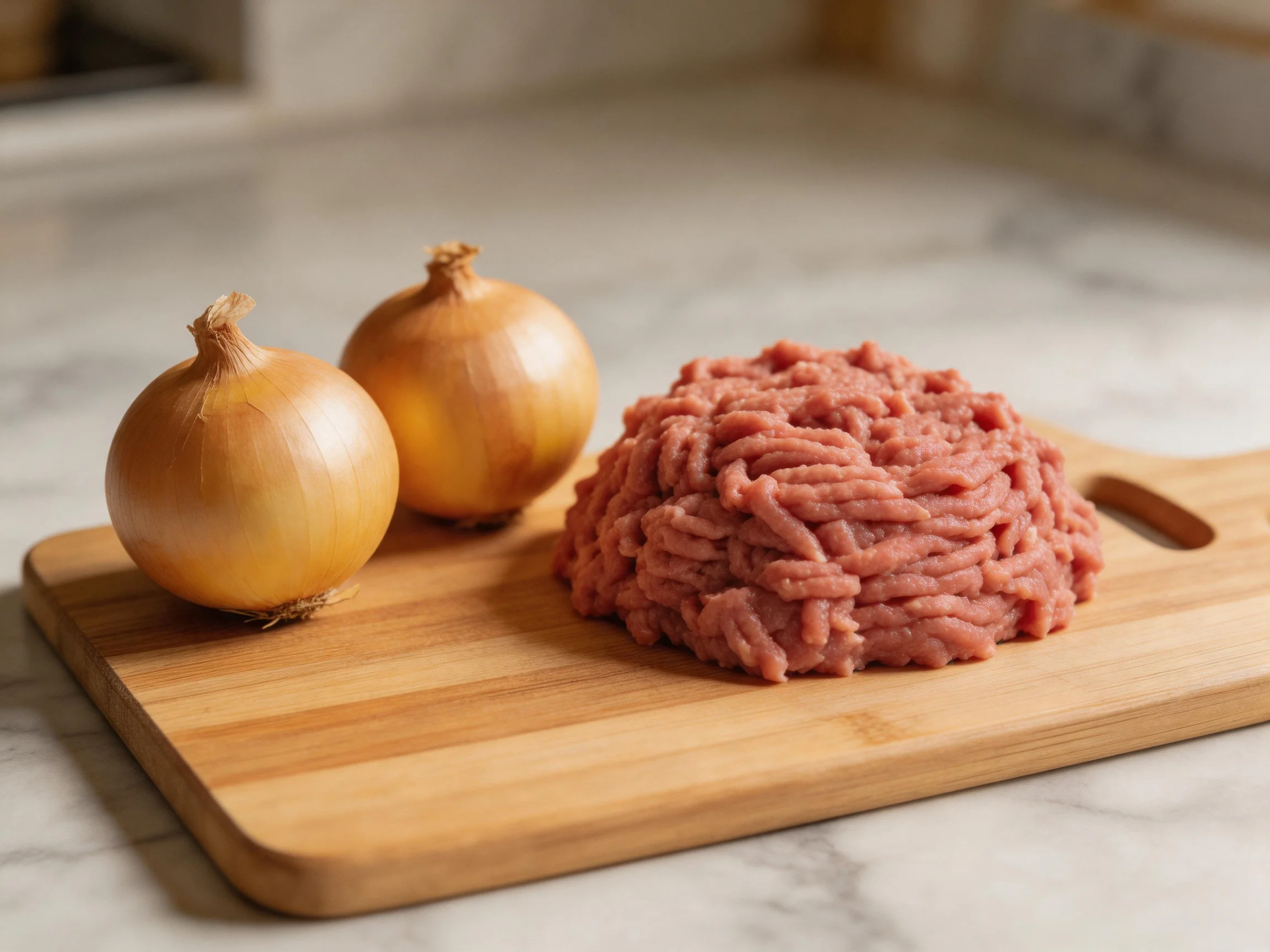 Two golden onions and a mound of raw ground beef on a wooden cutting board