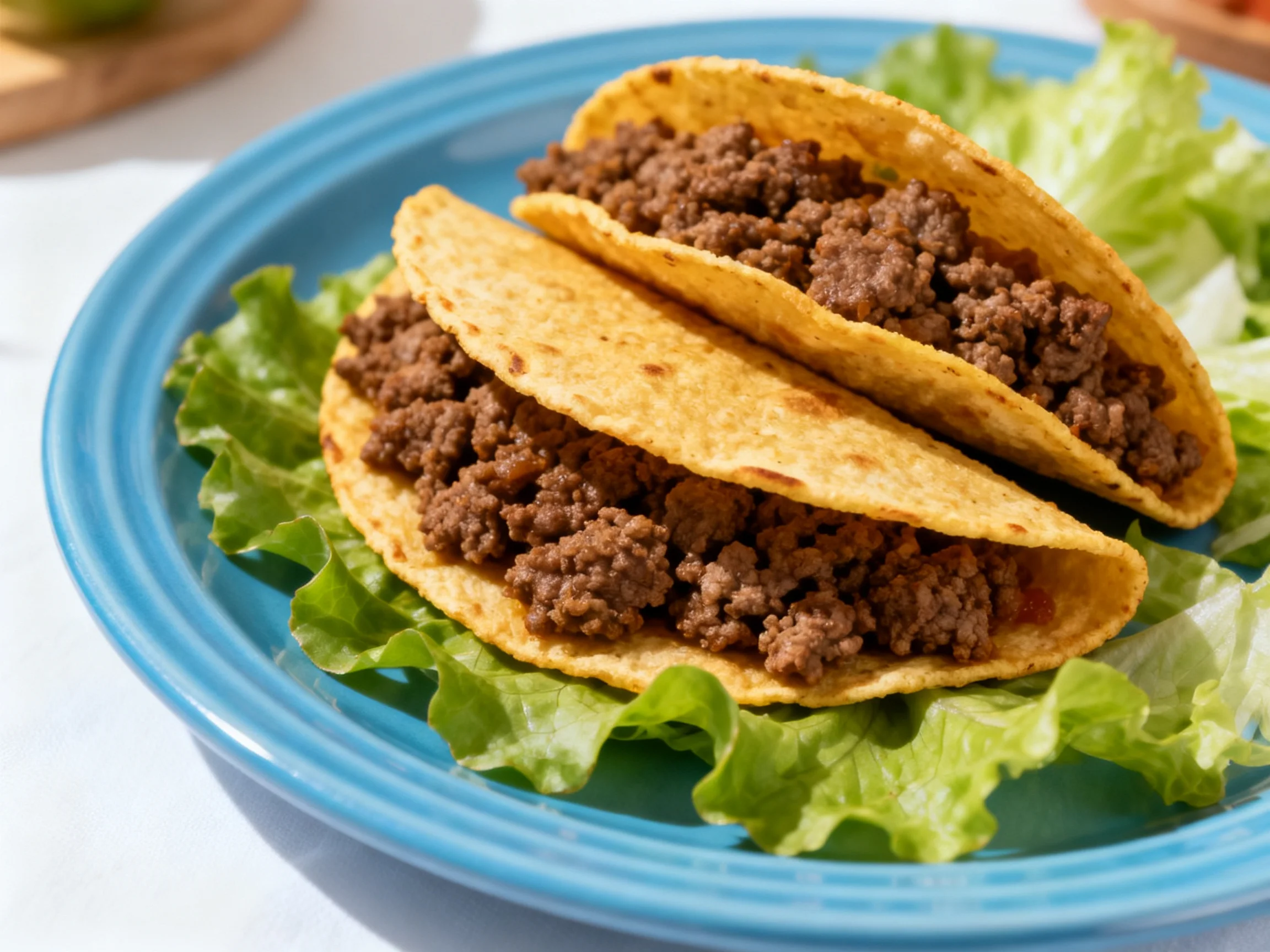 Two golden tacos filled with brown meat on a bright blue plate