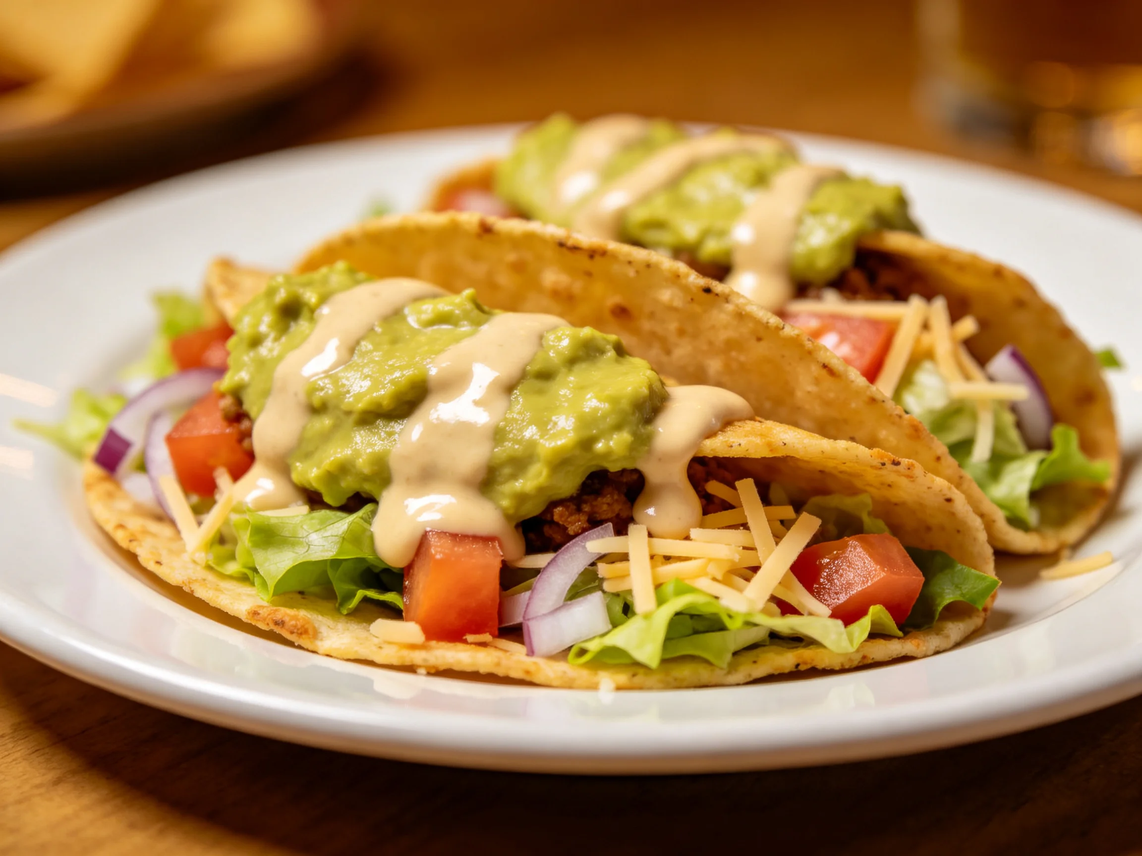Two golden tacos topped with guacamole, shredded cheese, and creamy sauce