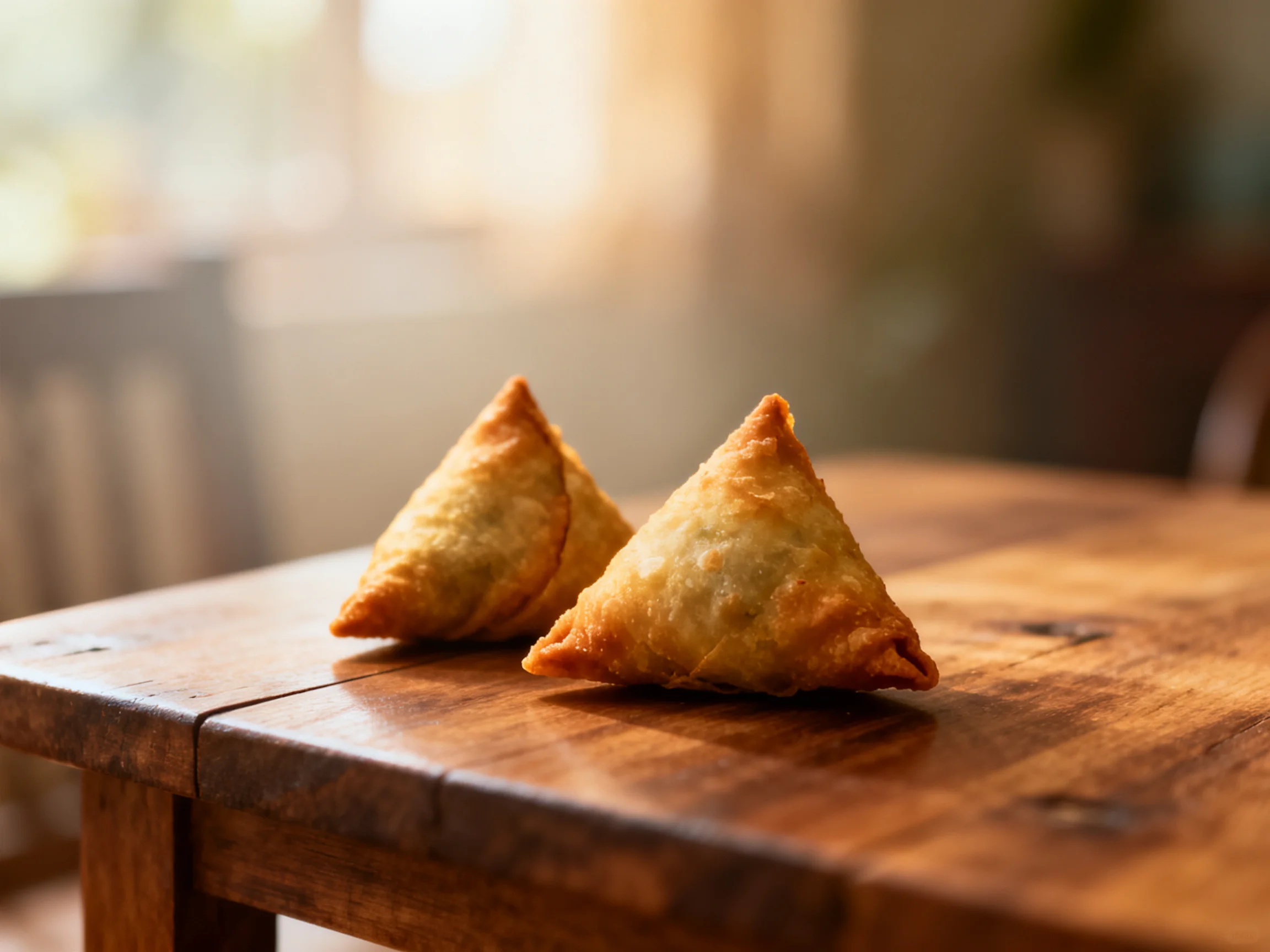 Two golden triangular samosas sit on a wooden table under soft lighting