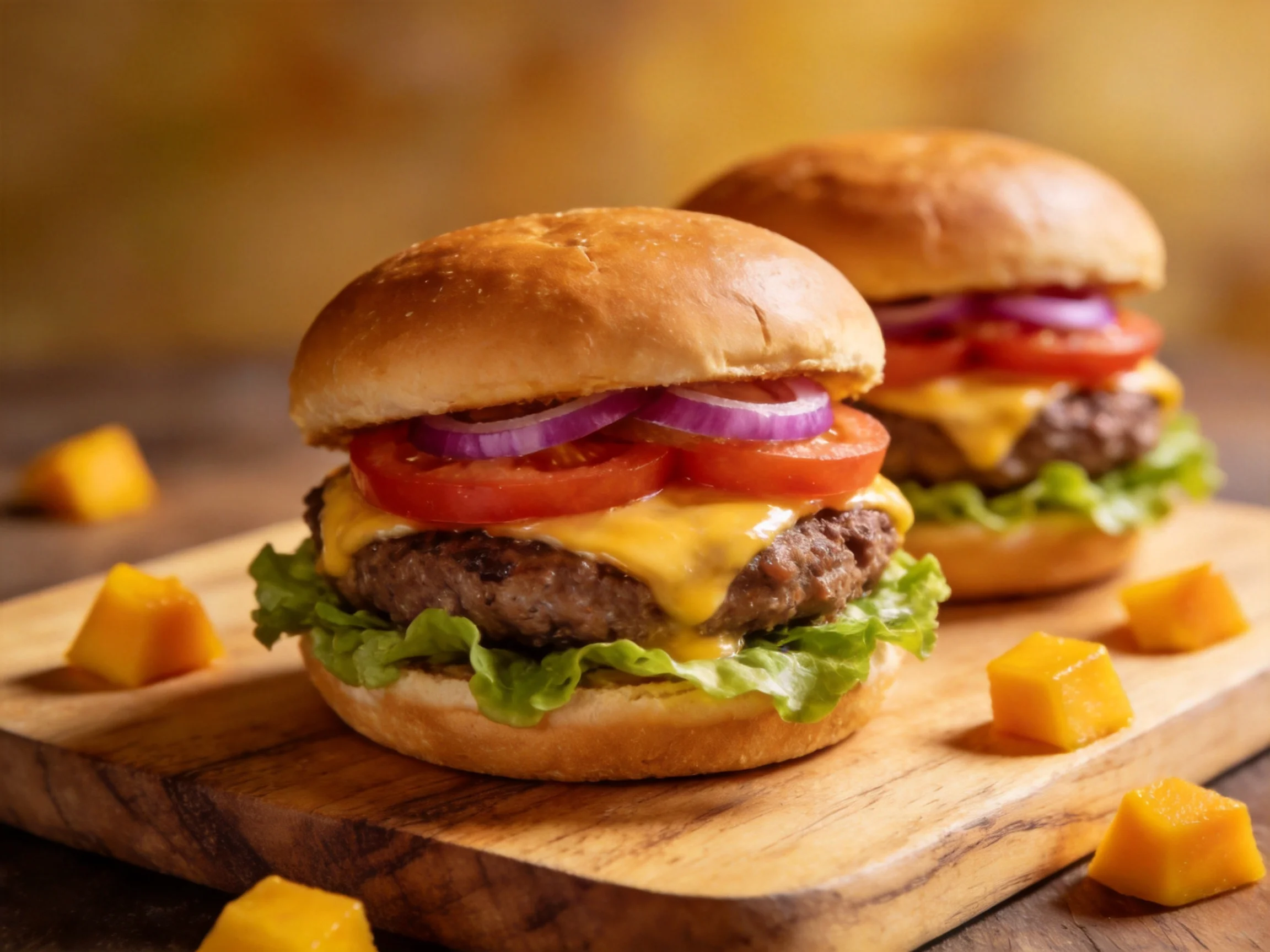 Two gourmet cheeseburgers with fresh veggies on wooden board near mango cubes