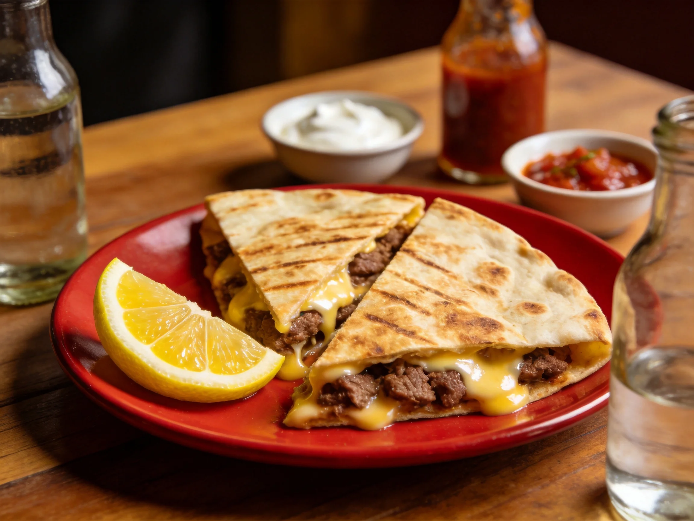 Two grilled beef quesadillas served on a red plate with lemon and condiments