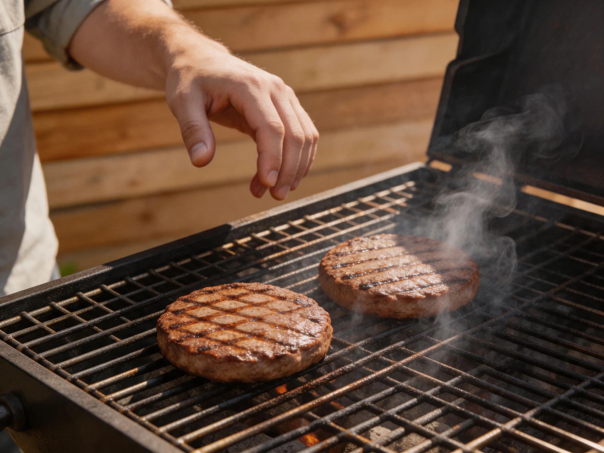 Two grilled burger patties cooking on an open outdoor grill