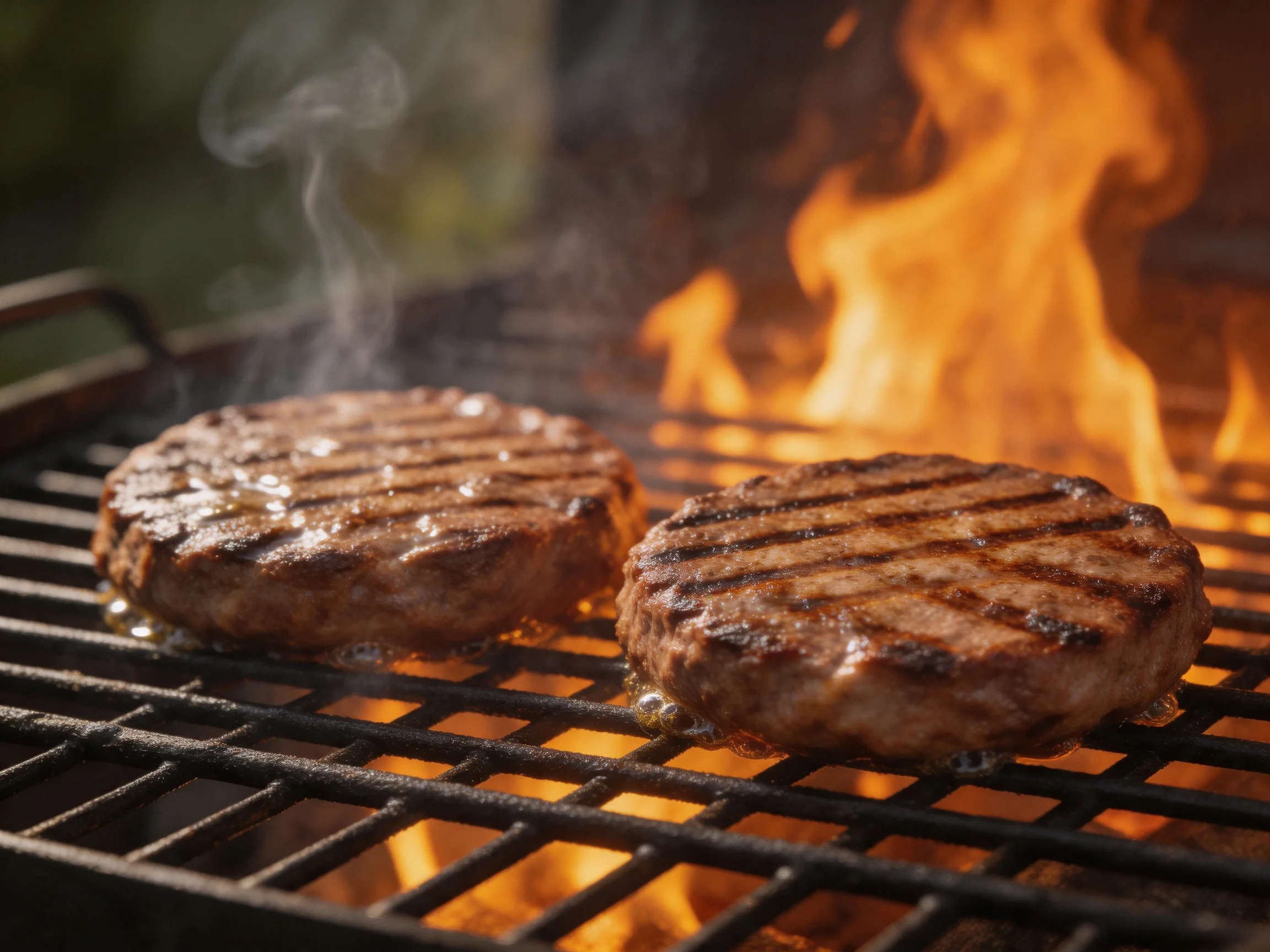 Two grilled burger patties cooking over blazing flames