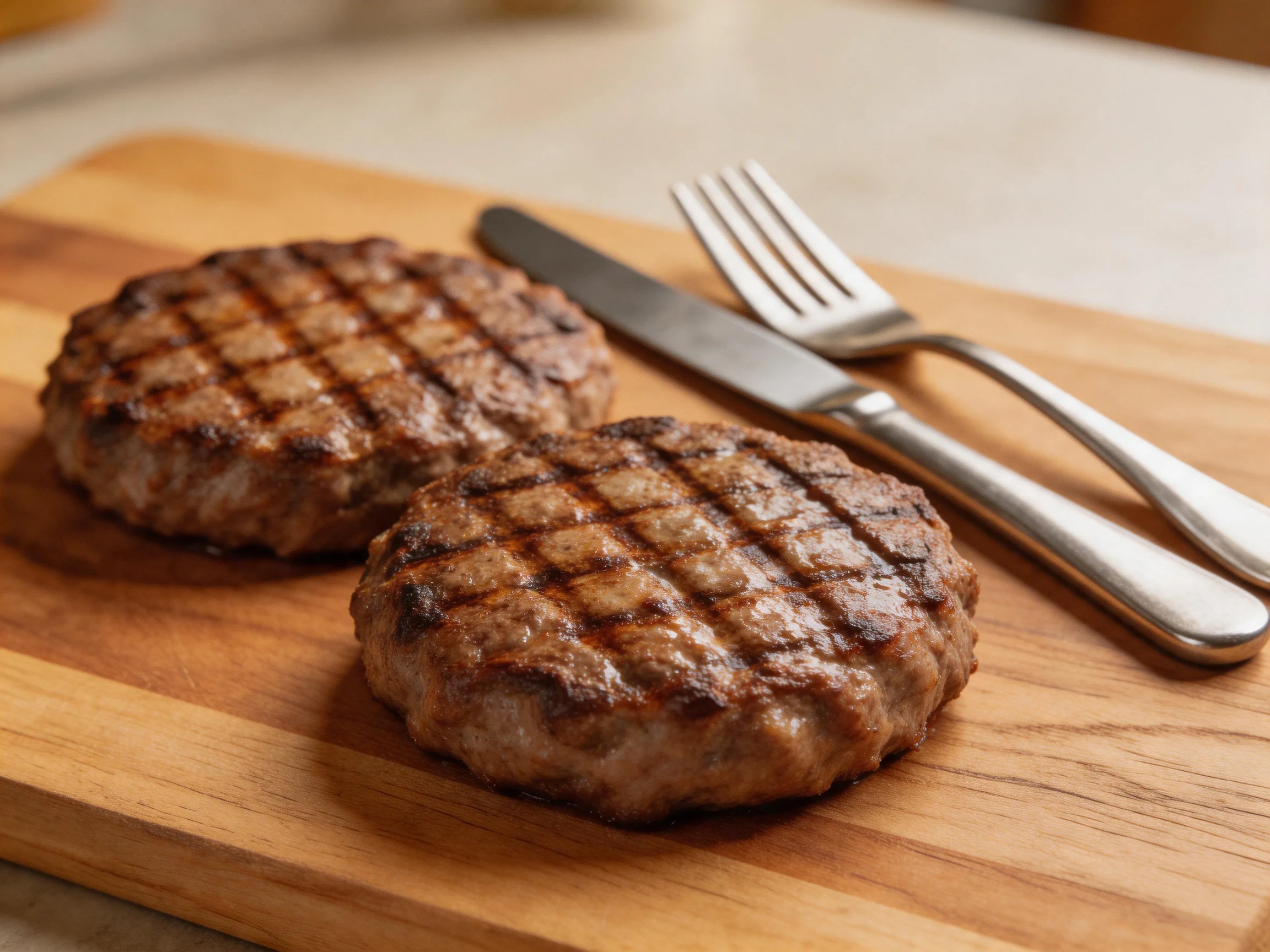 Two grilled burger patties on a wooden cutting board with silverware