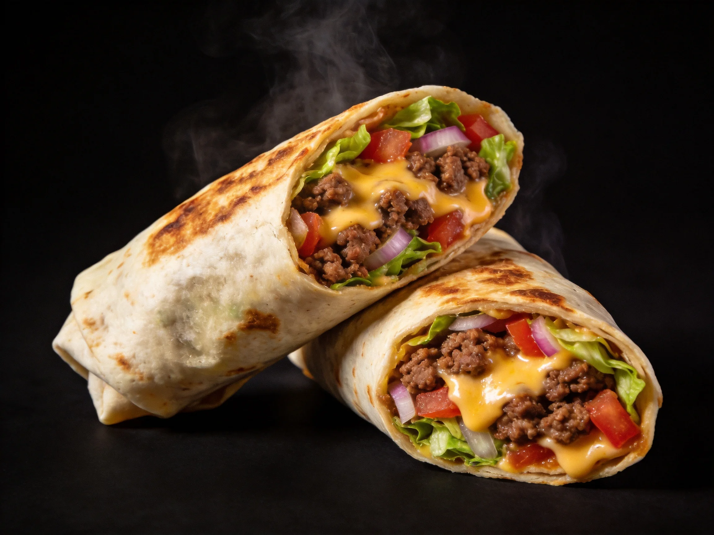 Two grilled burritos stuffed with beef, cheese, lettuce, and tomatoes