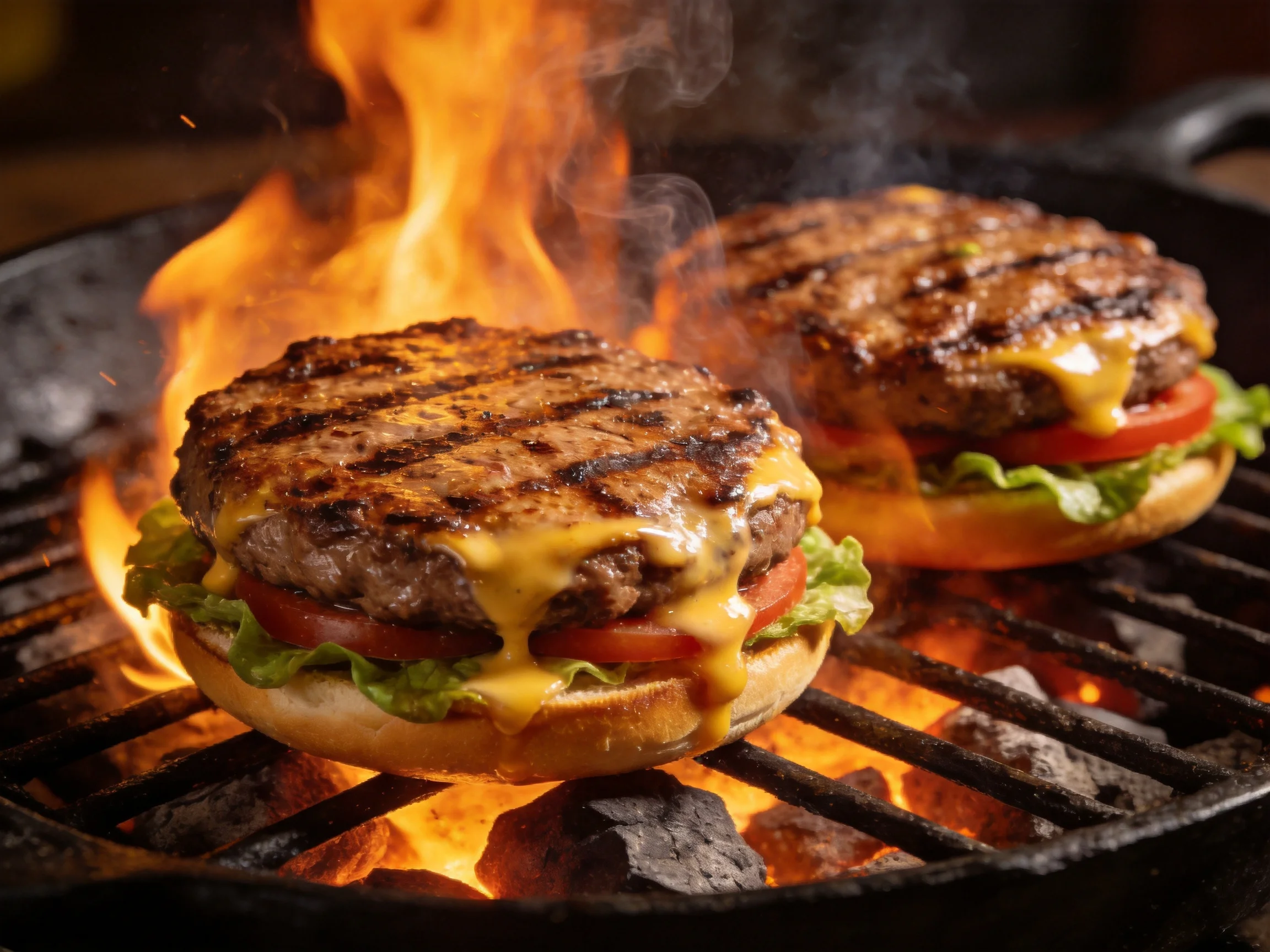 Two grilled cheeseburgers sizzle over bright flames on a cast iron grill