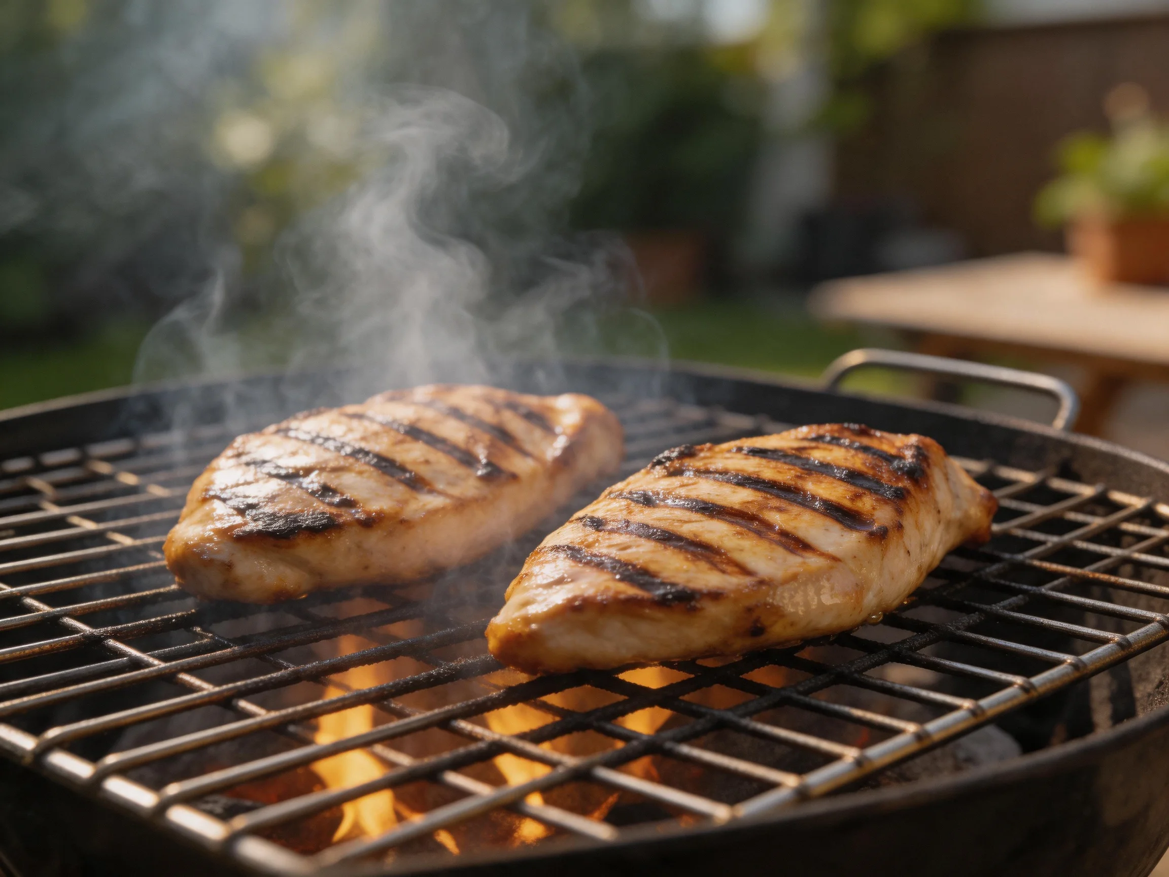 Two grilled chicken breasts cooking over open flames on a charcoal grill