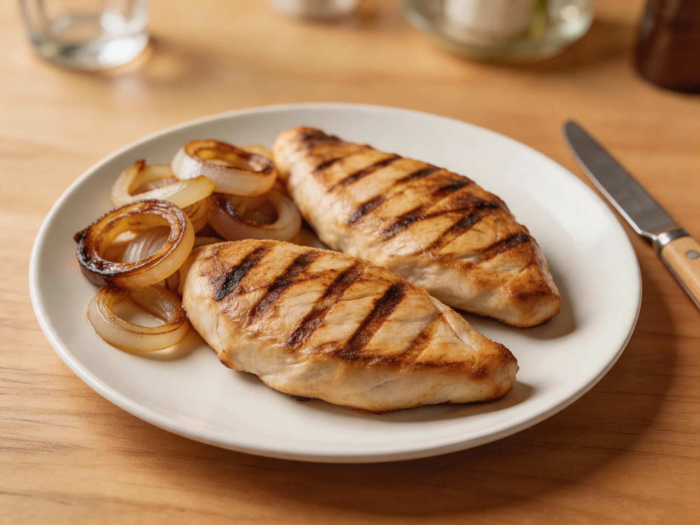 Two grilled chicken breasts with caramelized onions on a white plate