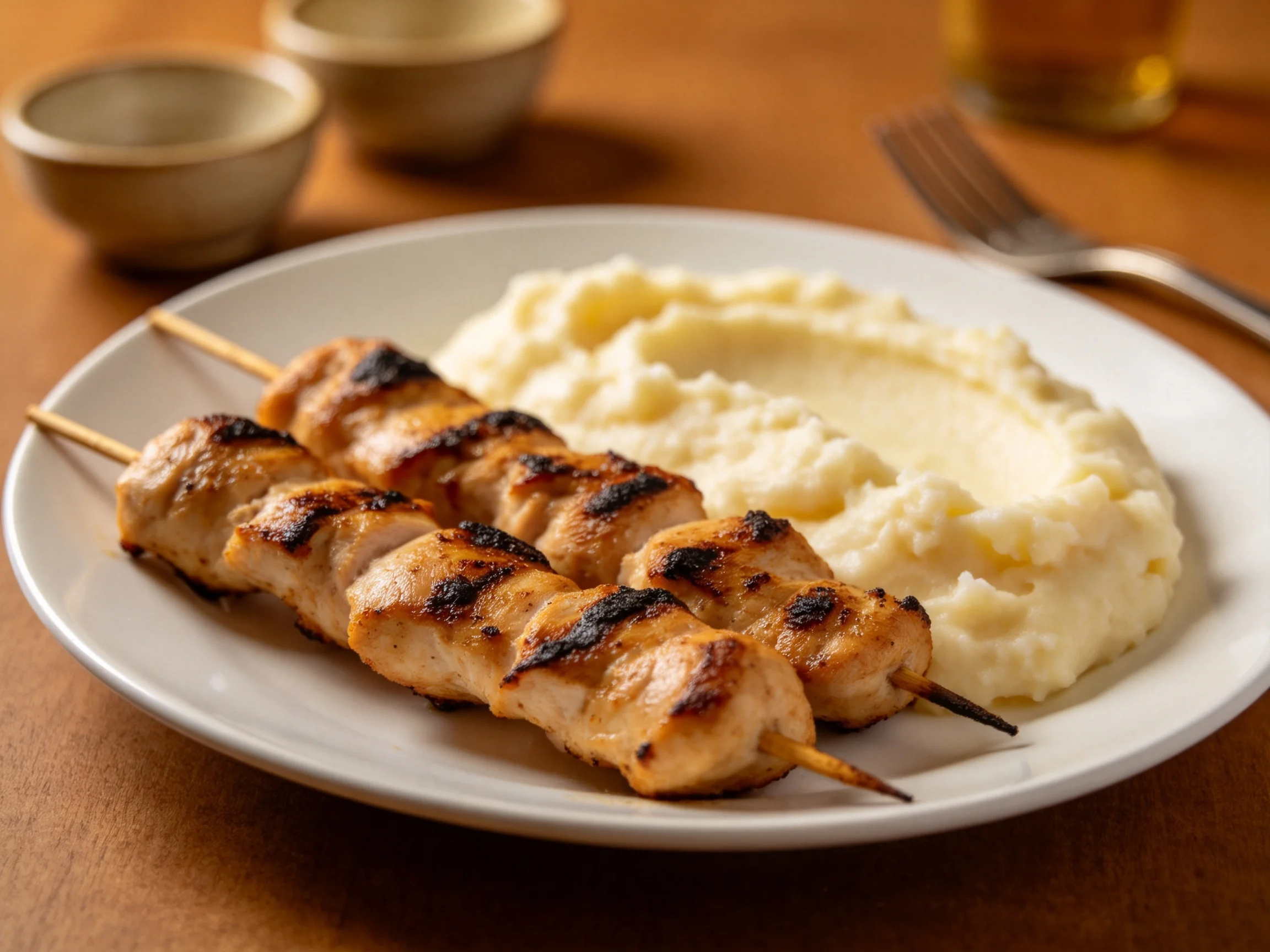 Two grilled chicken skewers served with creamy mashed potatoes