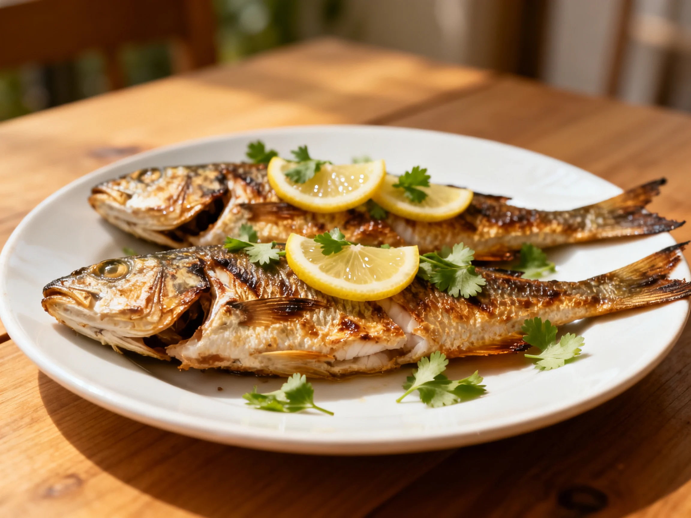 Two grilled fish garnished with lemons and cilantro on a white plate