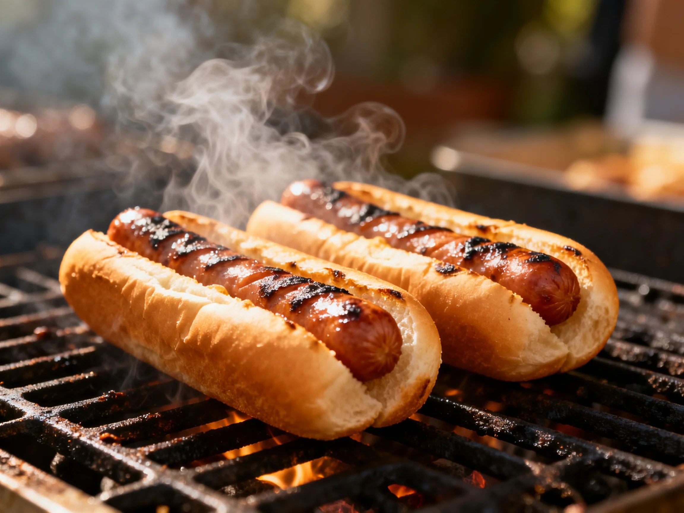 Two grilled hot dogs with toasted buns cook on a smoky barbecue