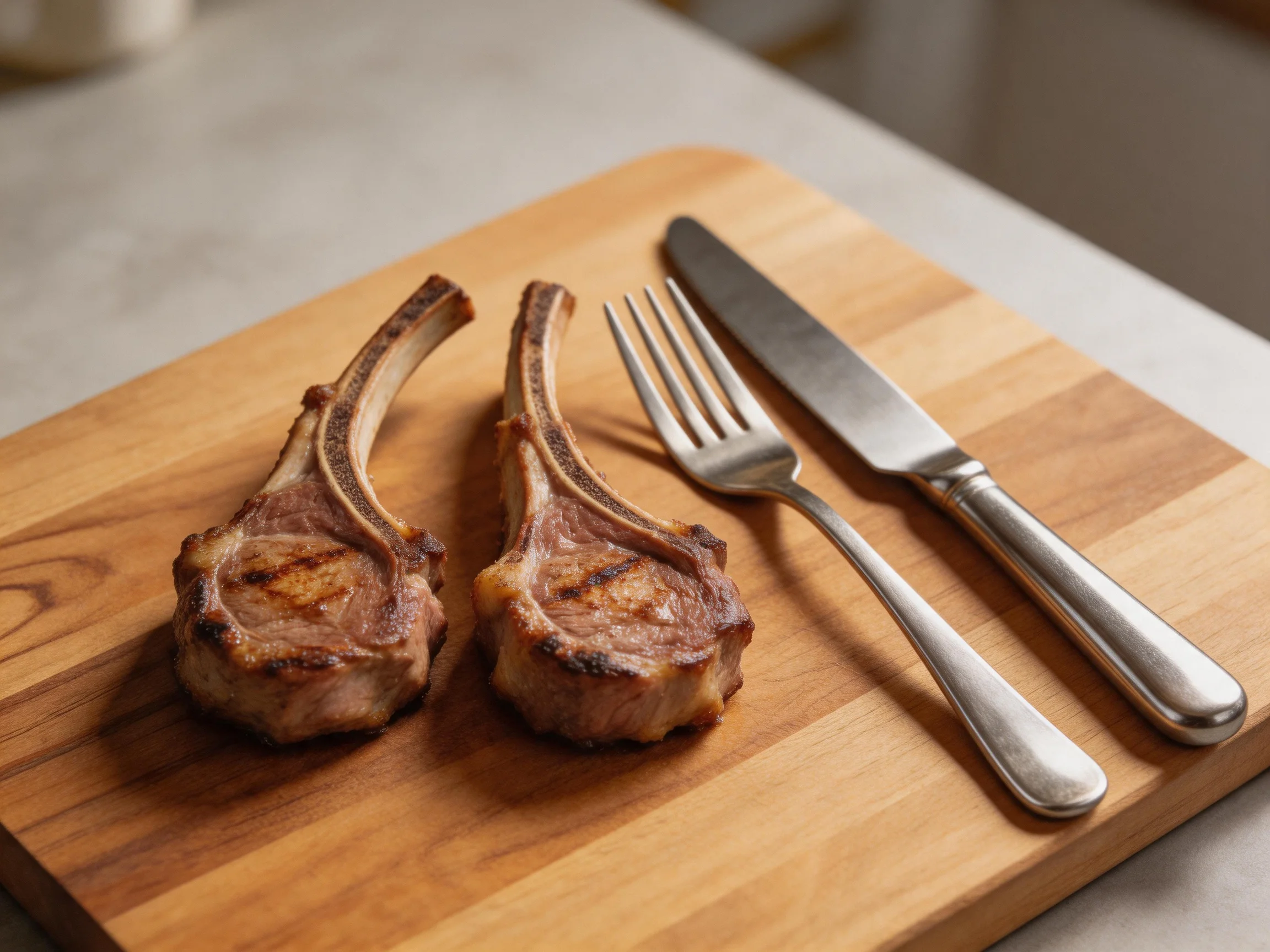 Two grilled lamb chops on a wooden cutting board with silver utensils