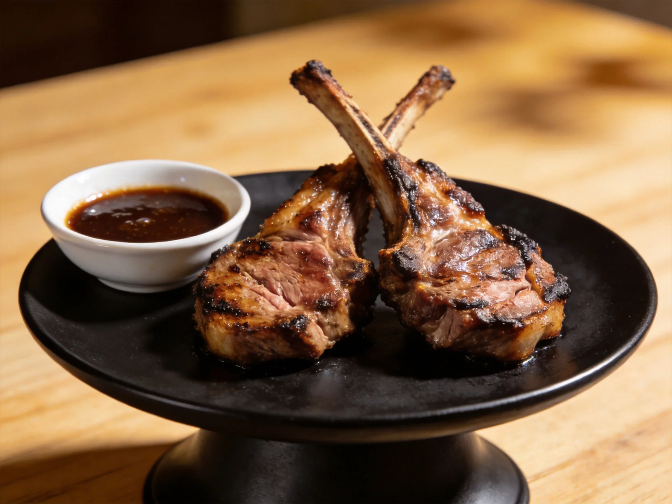 Two grilled lamb chops served on a black platter with a small sauce dish