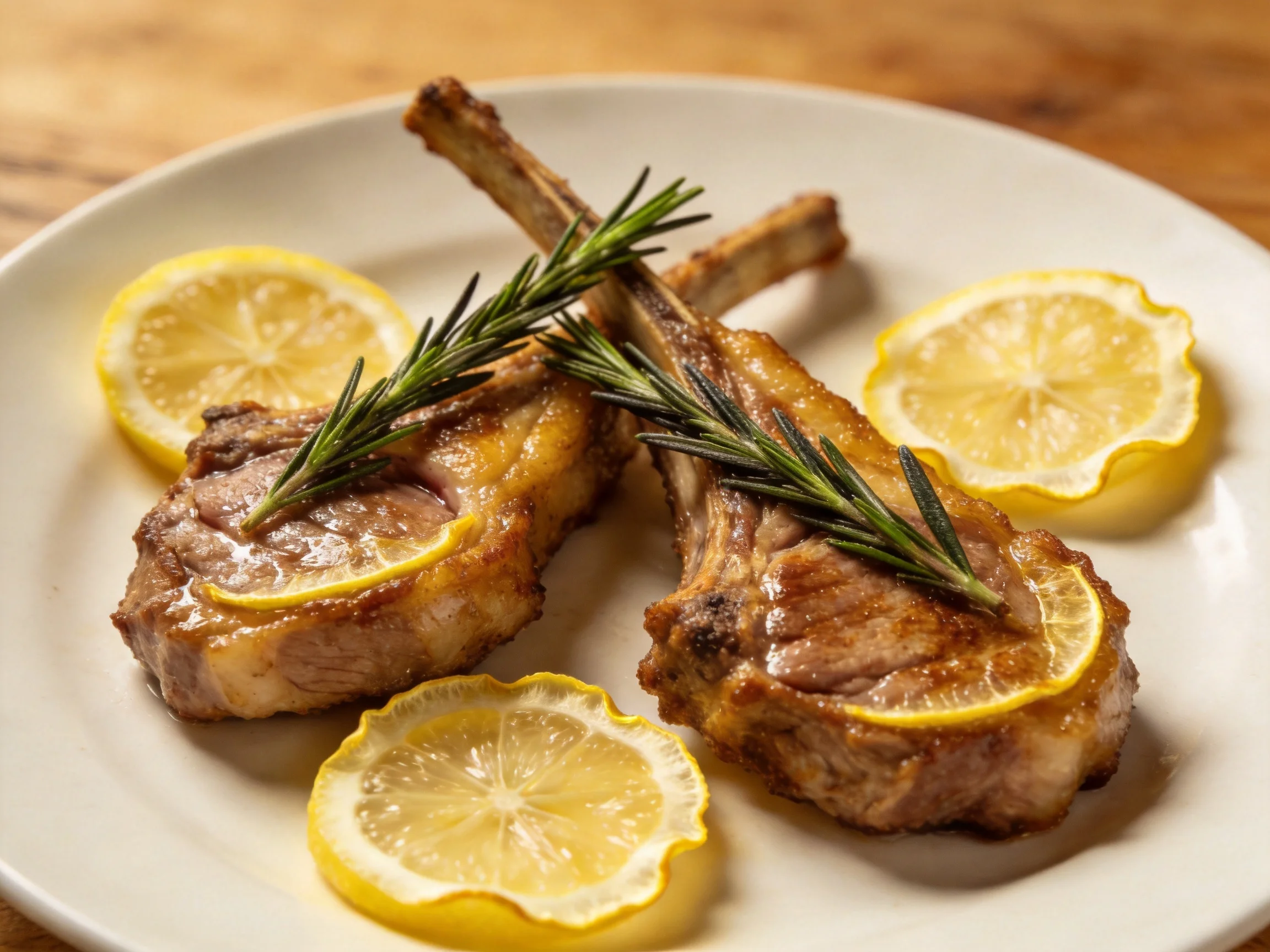 Two grilled lamb chops with lemon slices and rosemary on a white plate