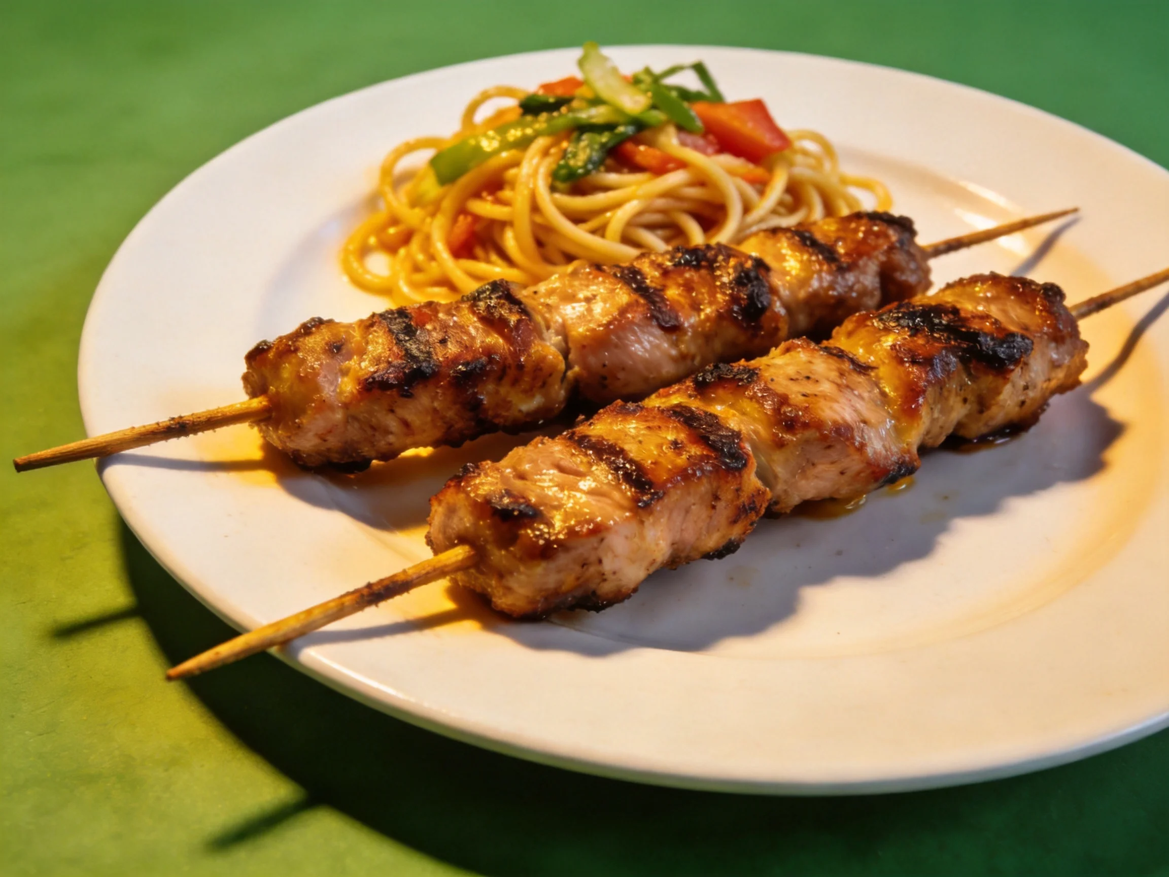 Two grilled meat skewers with vegetable pasta on a white plate