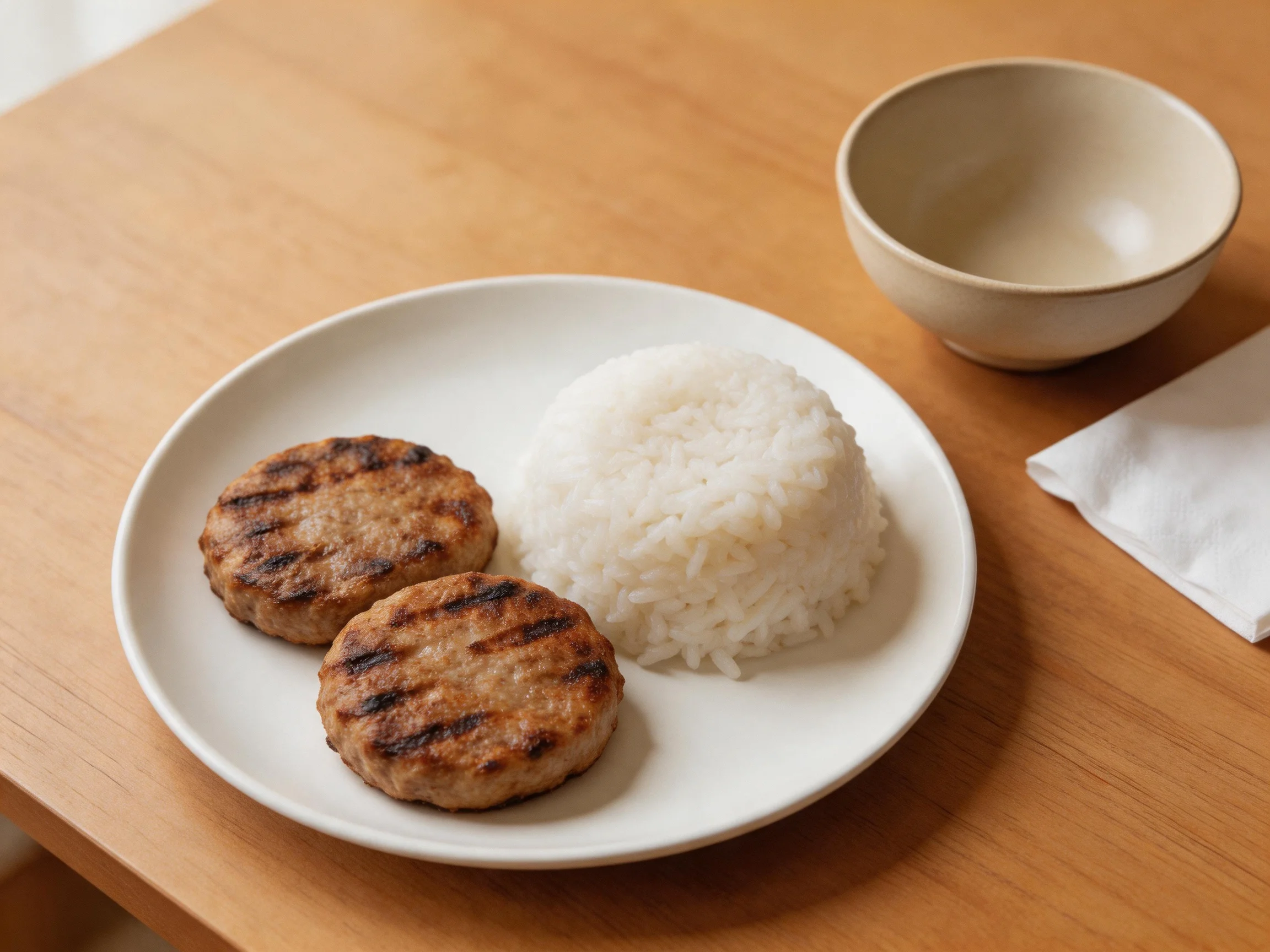 Two grilled patties and a mound of white rice on a wooden table