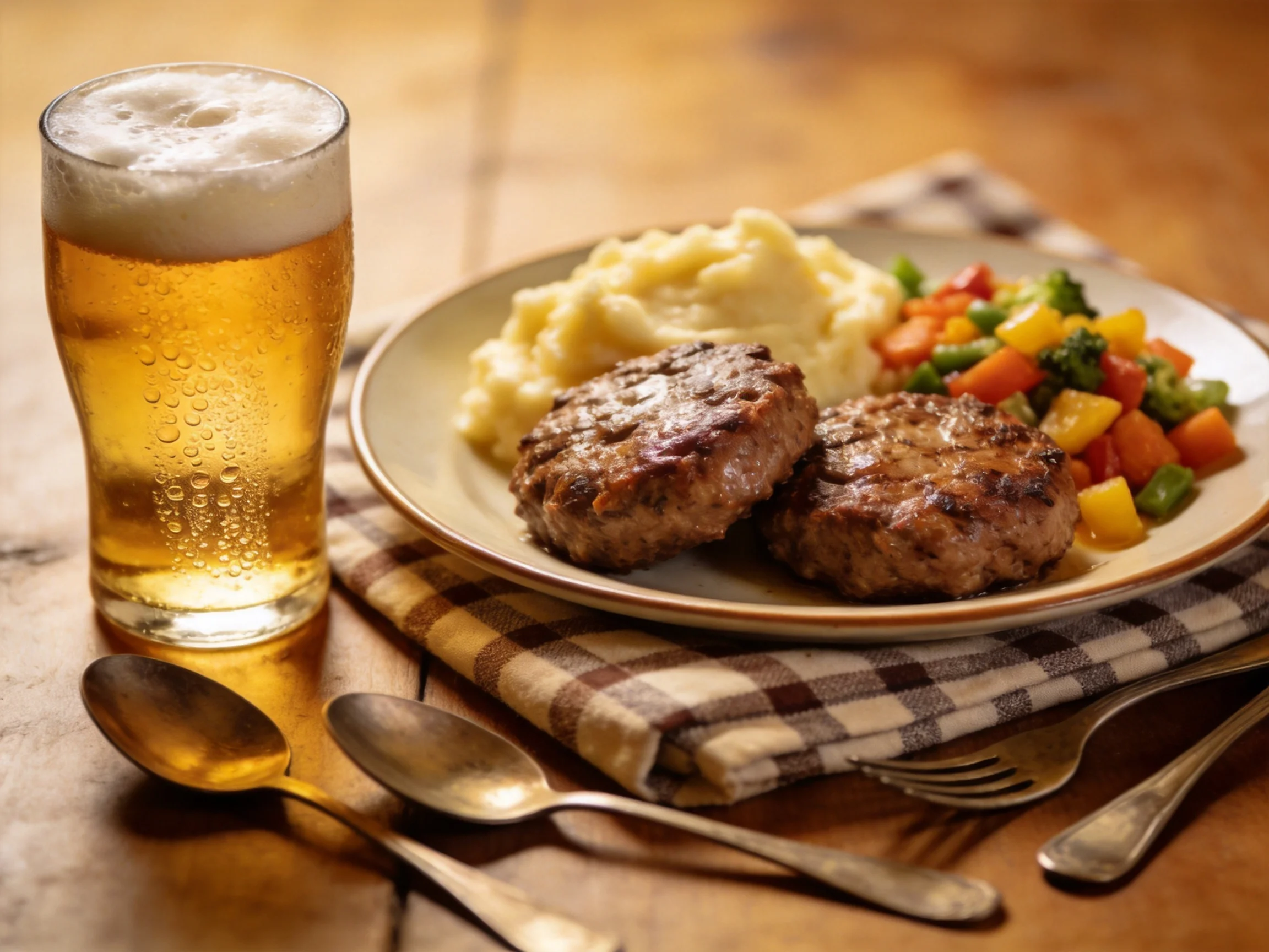 Two grilled patties, mashed potatoes, veggies, and a foamy beer