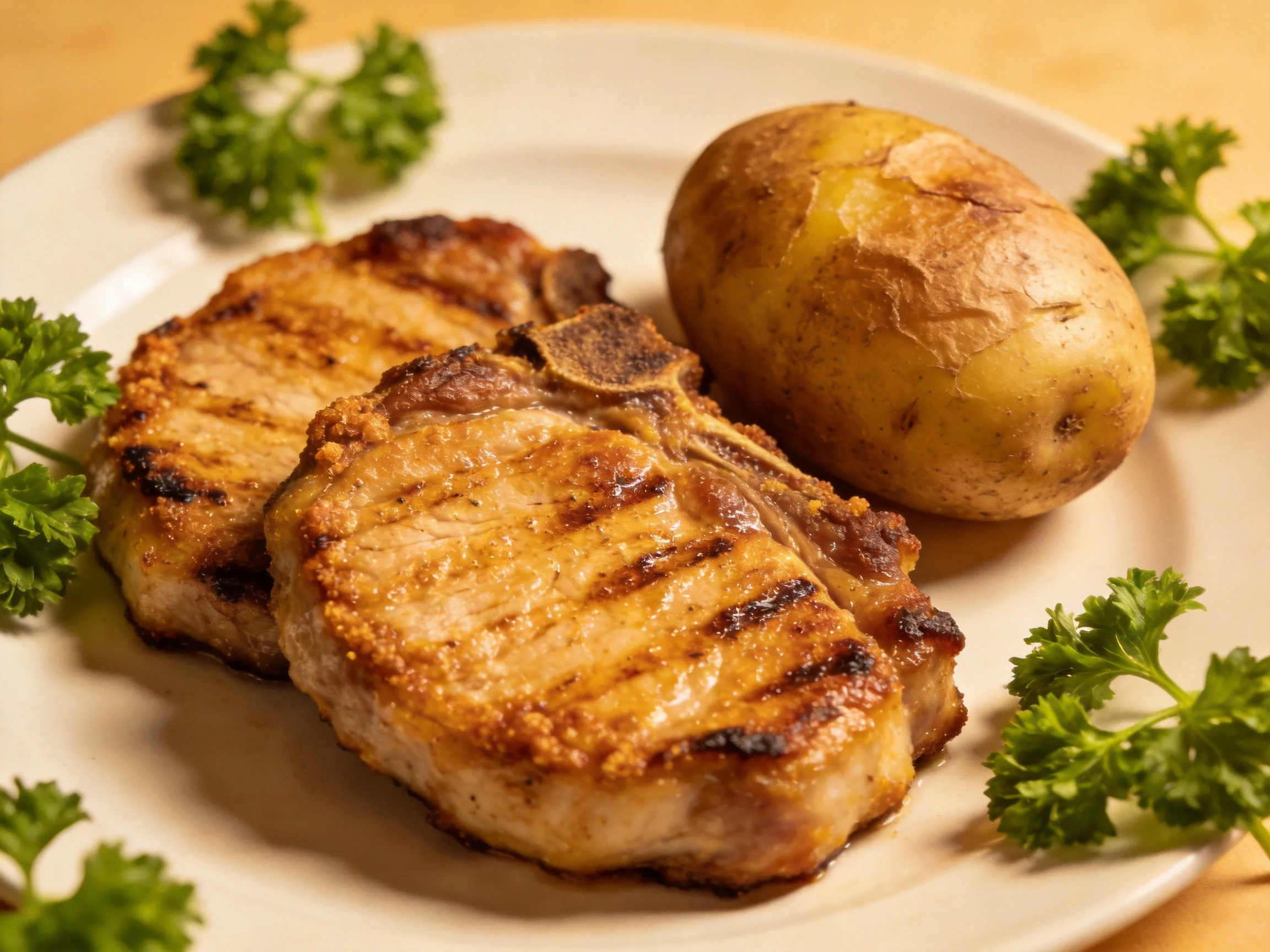 Two grilled pork chops, a baked potato, and parsley on a white plate