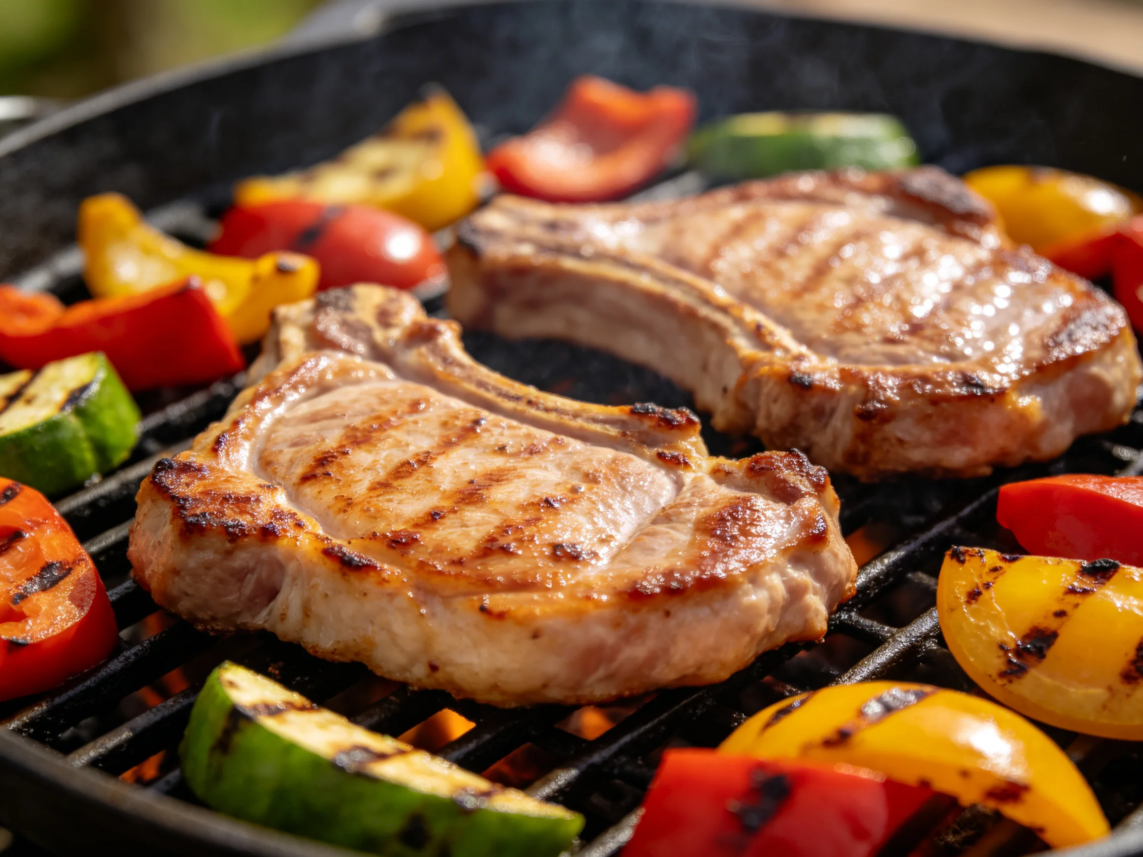 Two grilled pork chops with colorful vegetables on a black grill