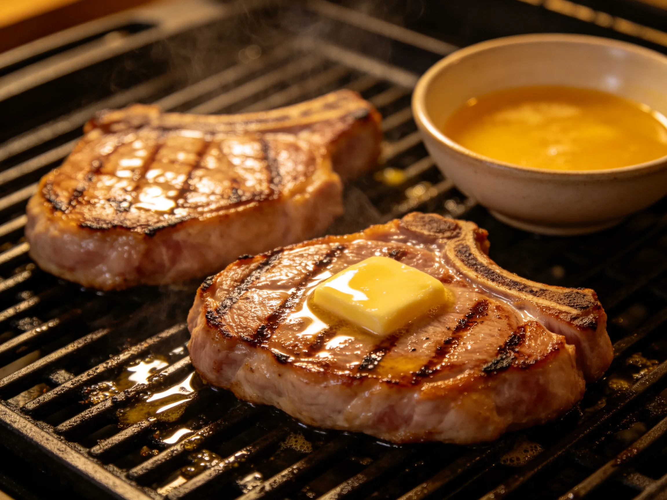Two grilled pork chops with melted butter and yellow sauce on a black grill