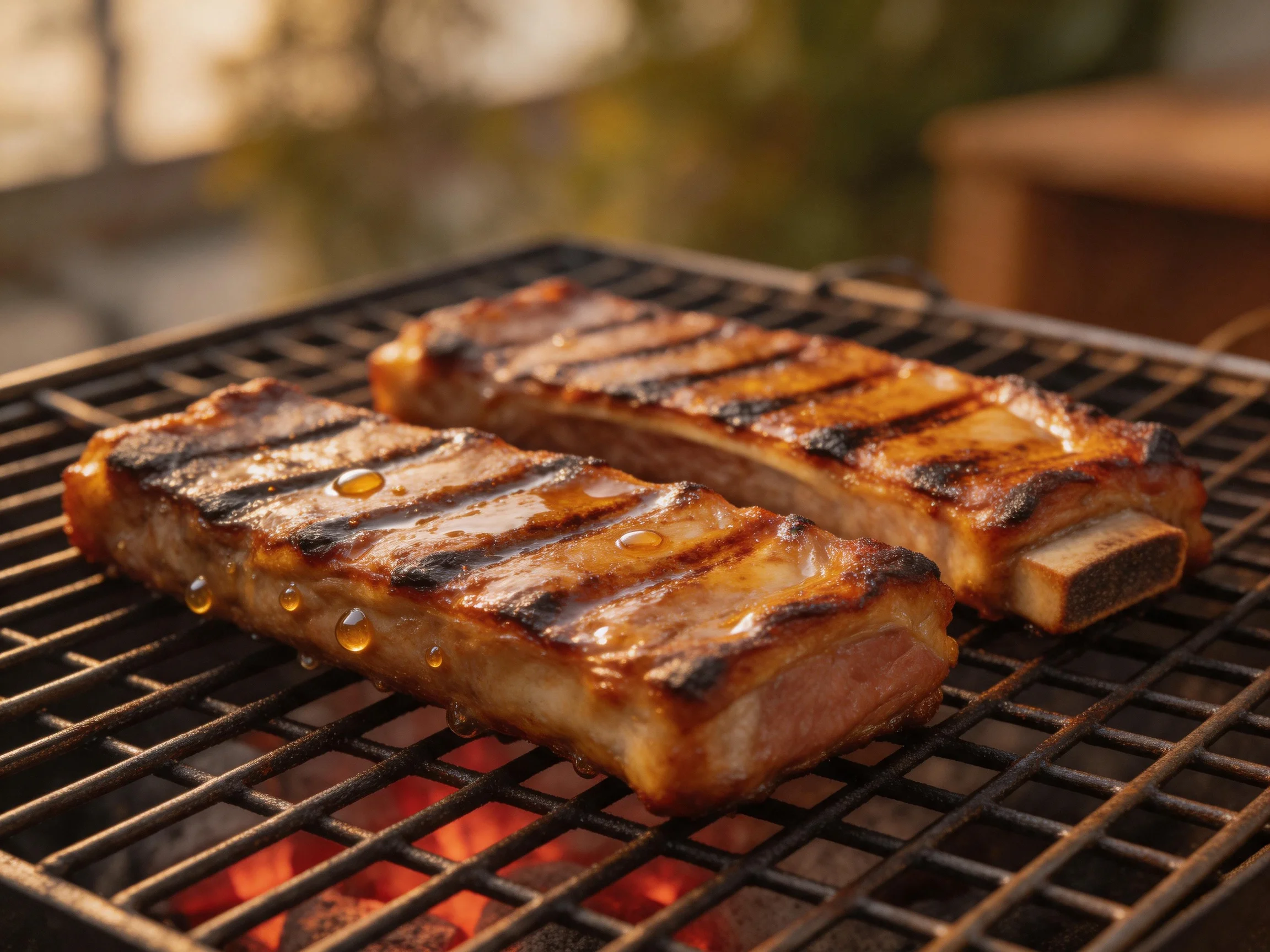 Two grilled pork ribs sizzle over glowing embers