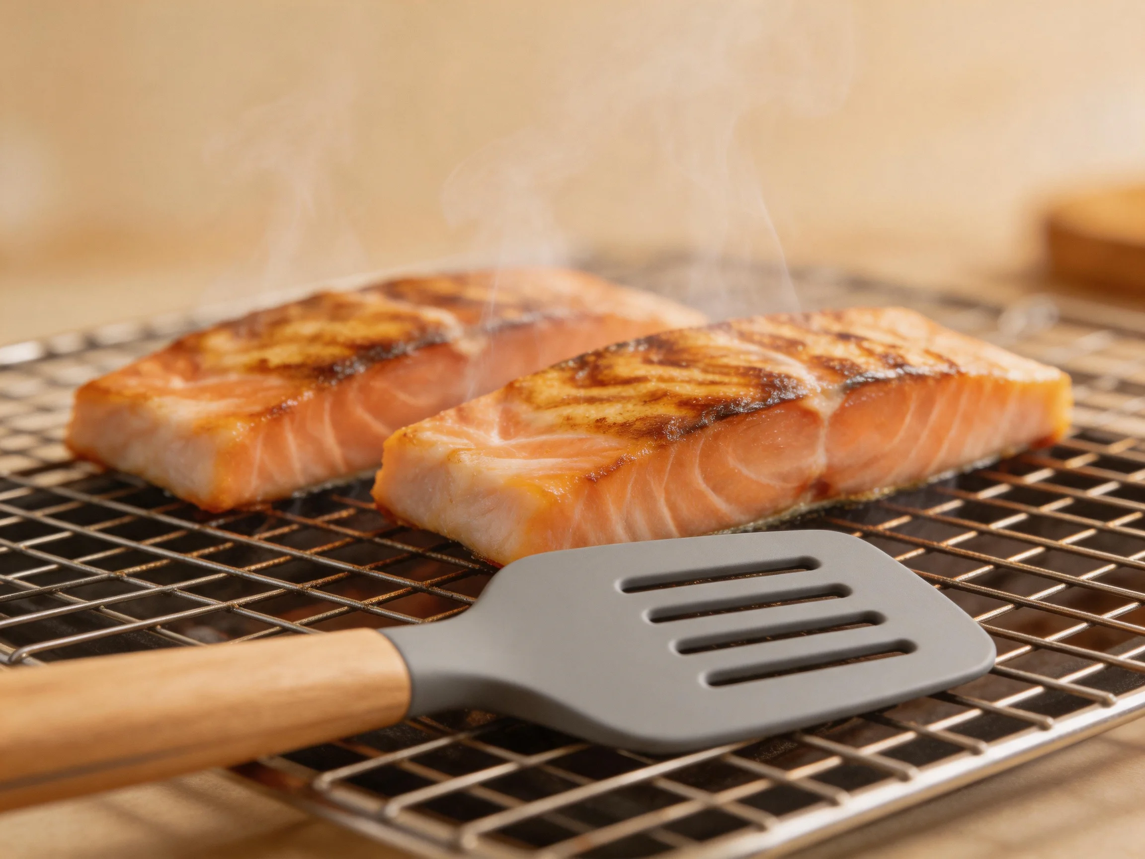 Two grilled salmon fillets on a metal rack with a gray spatula