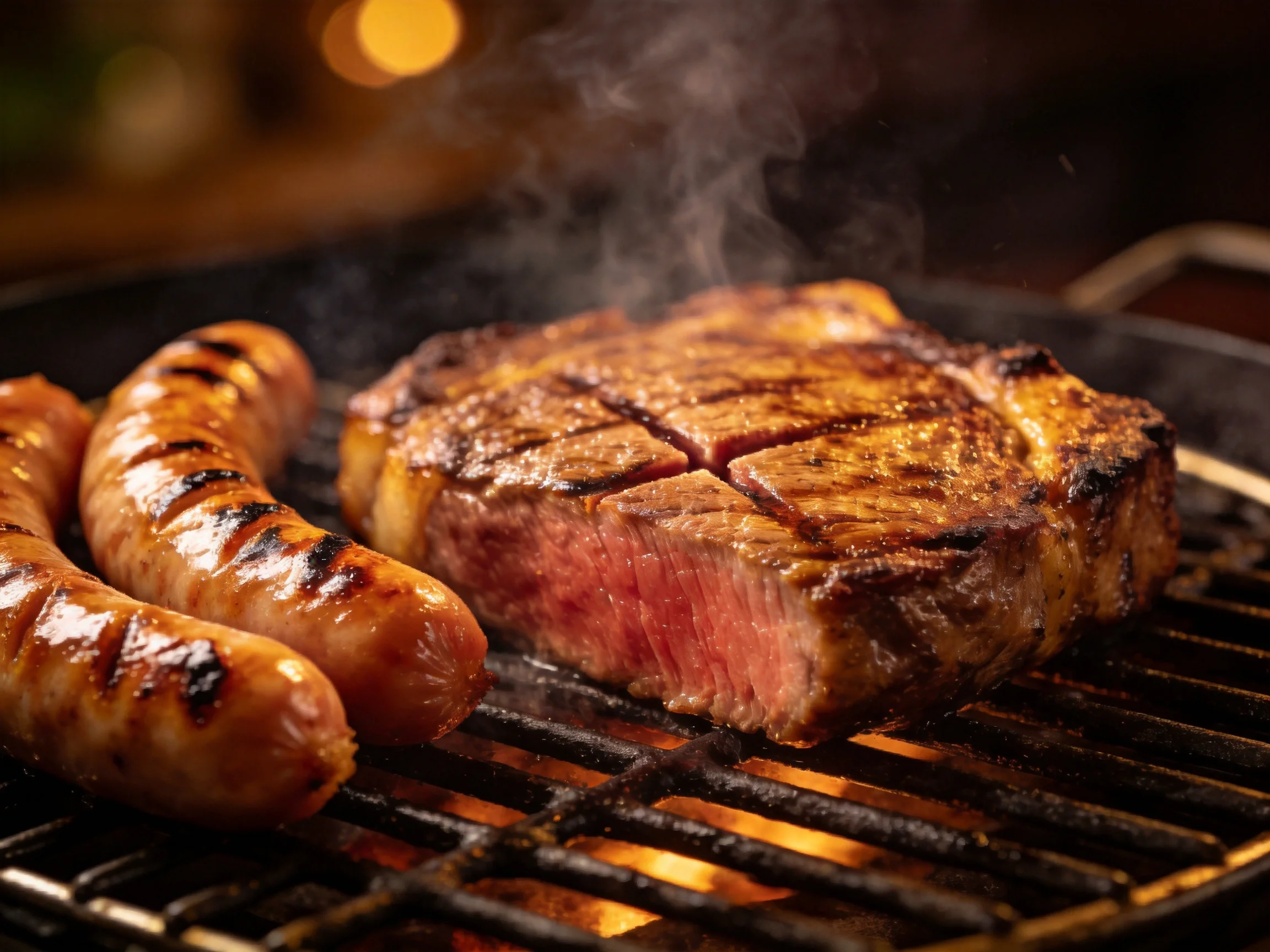 Two grilled sausages and a juicy steak cook on a barbecue grill
