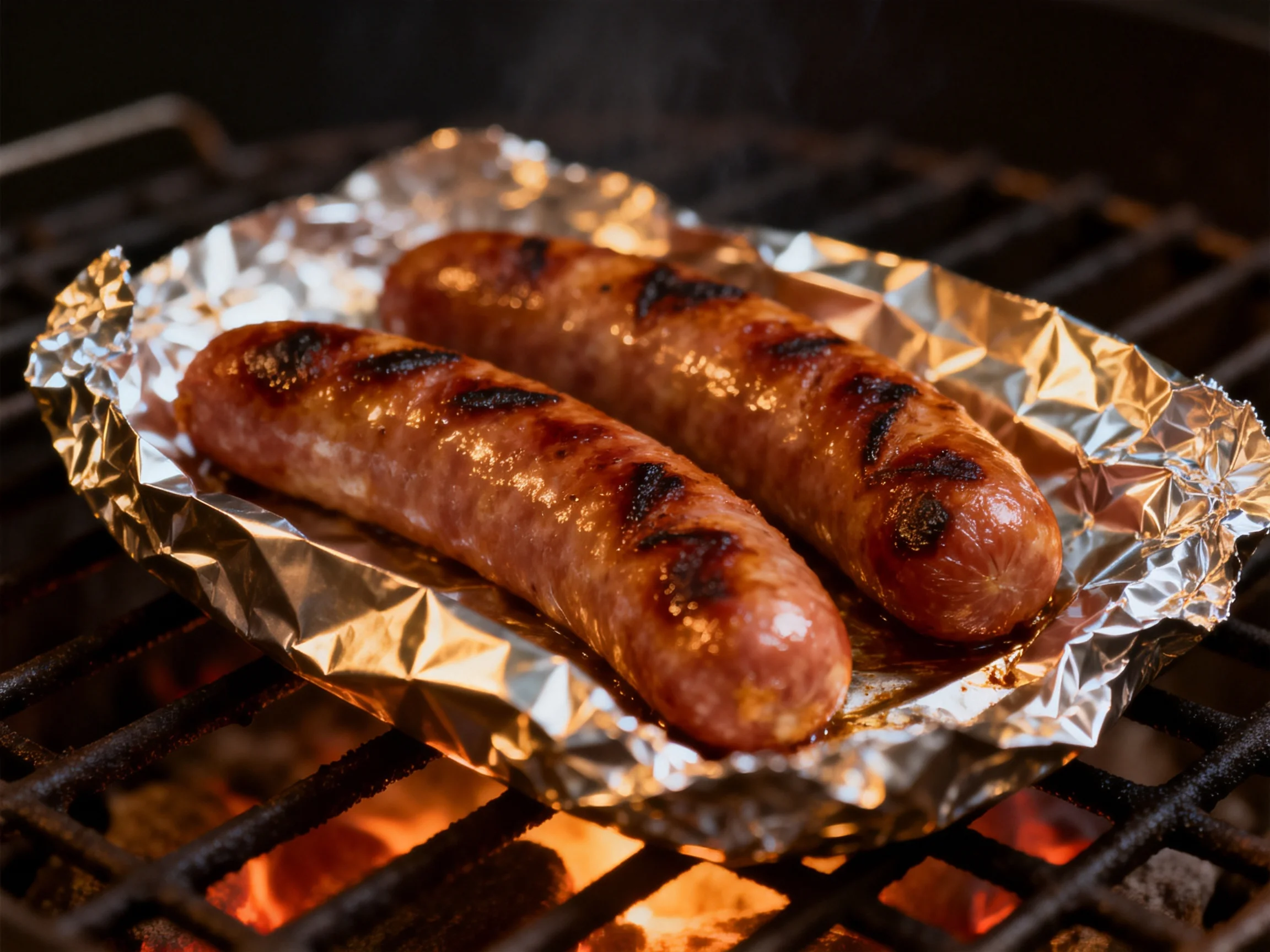 Two grilled sausages sit on crumpled aluminum foil over a flaming grill