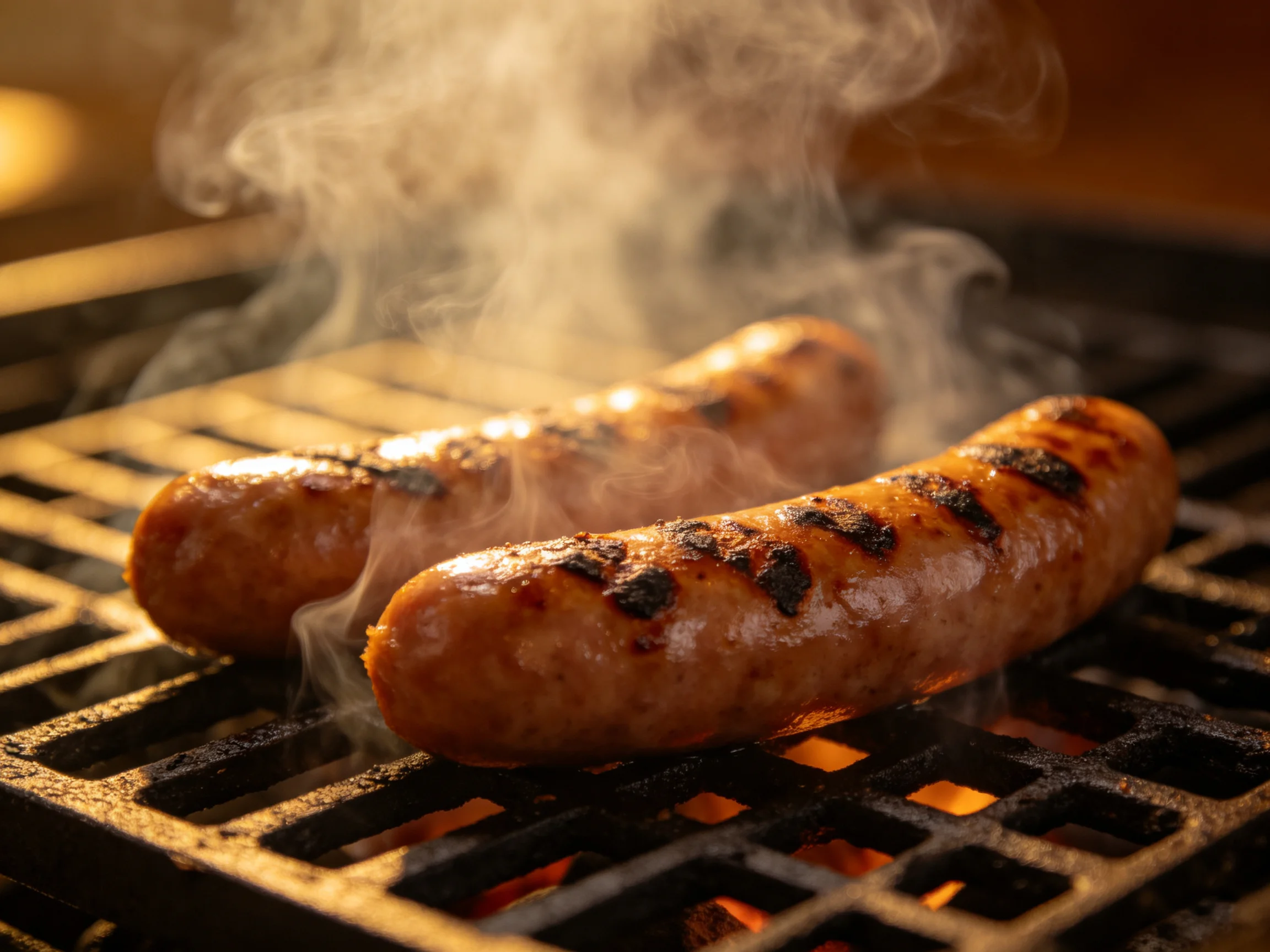 Two grilled sausages sizzling on a hot grill with rising smoke