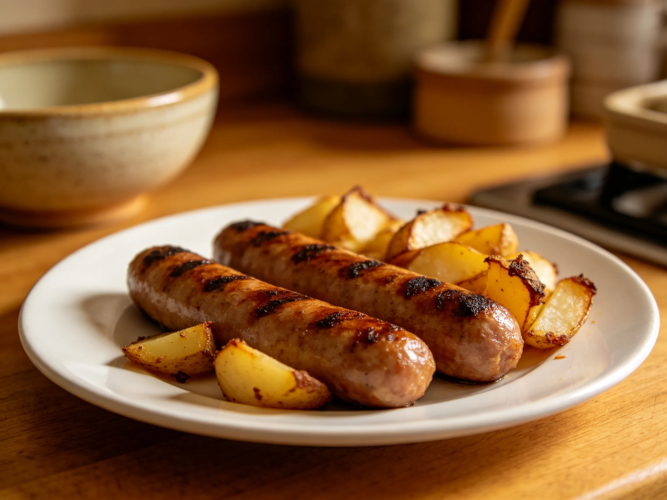 Two grilled sausages with golden-brown potato wedges on a white plate