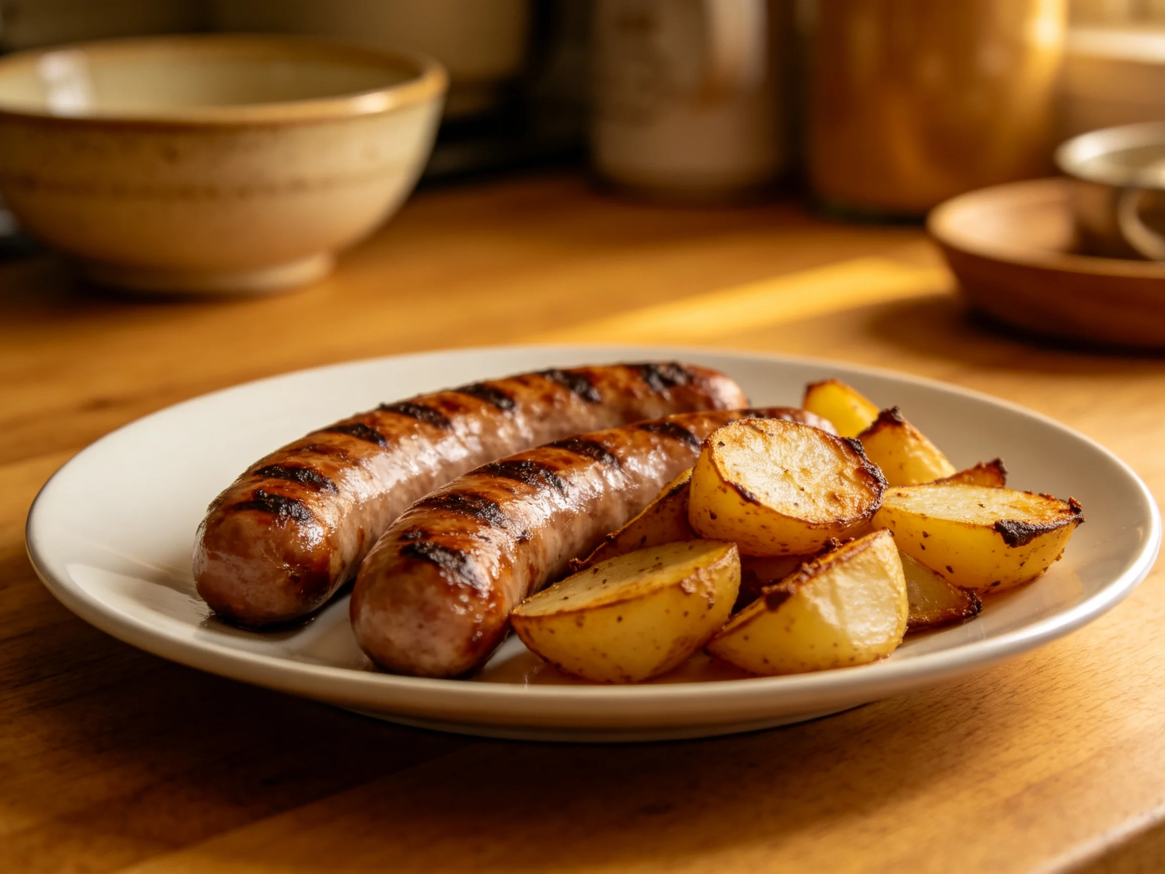 Two grilled sausages with roasted potato wedges on a white plate