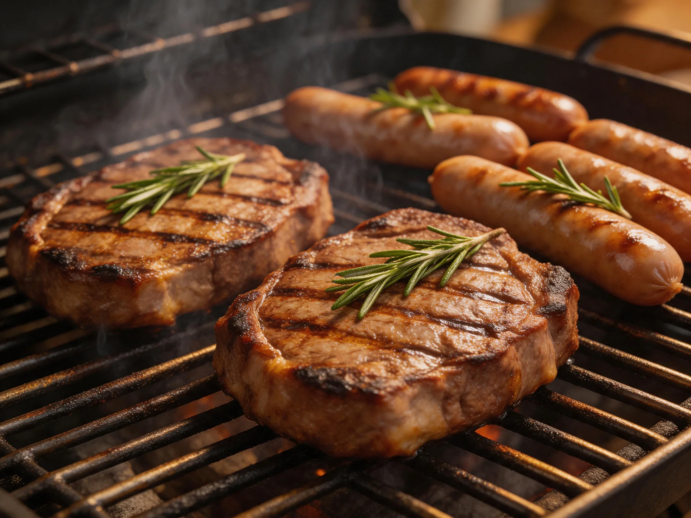 Two grilled steaks and four sausages with rosemary on a hot grill