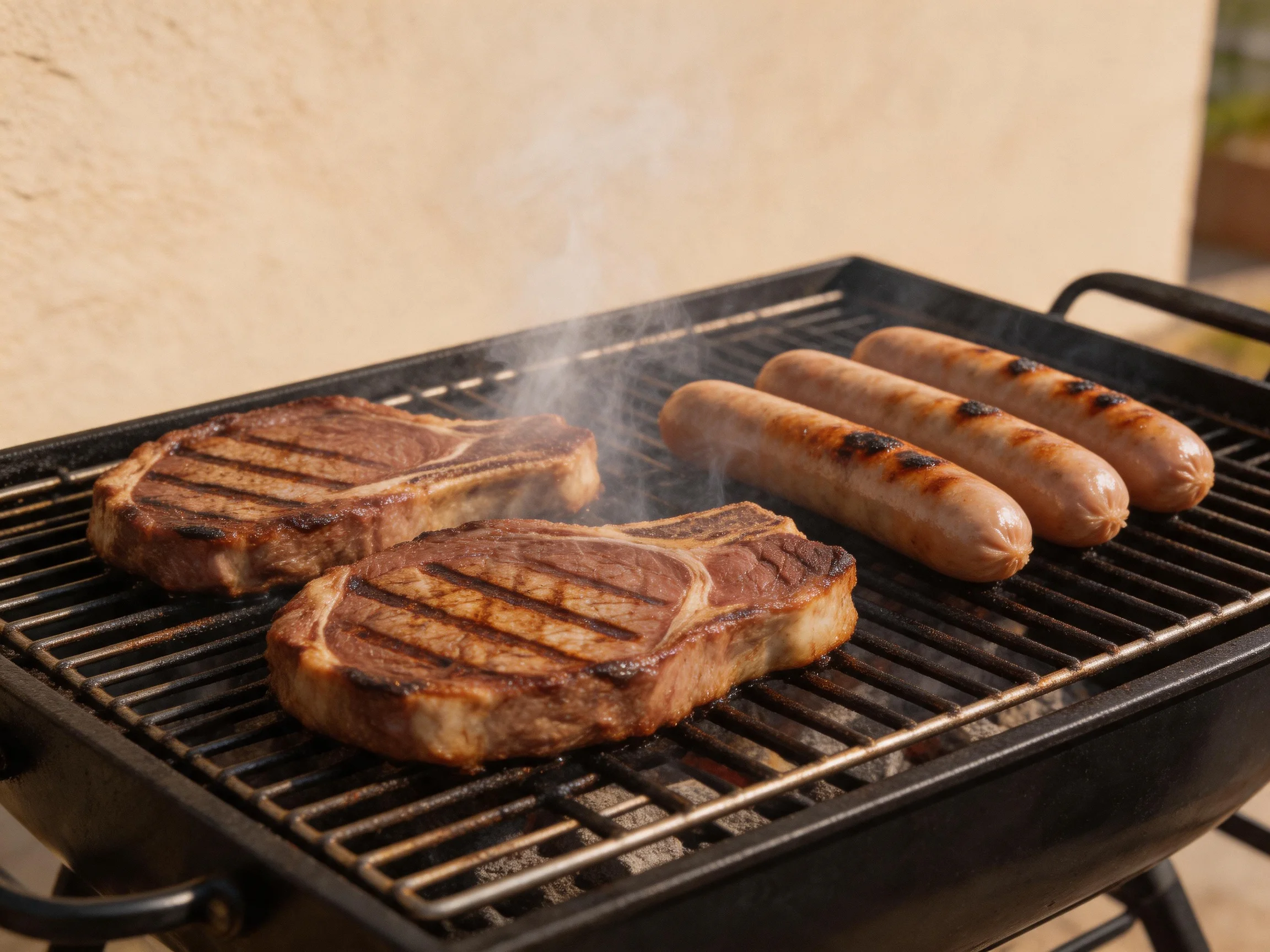 Two grilled steaks and three sausages cook on a black barbecue