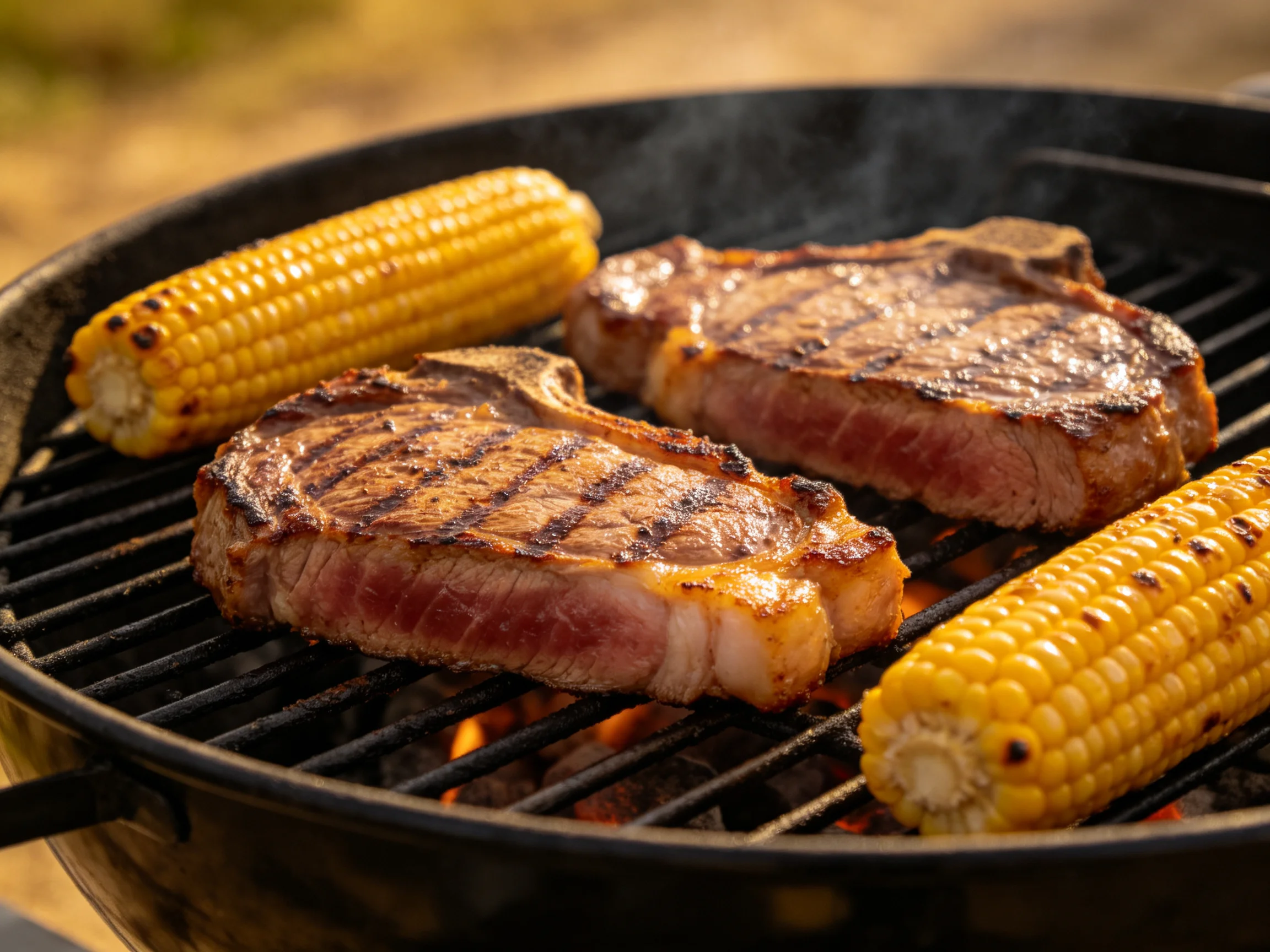 Two grilled steaks and two corn cobs cooking over a charcoal grill