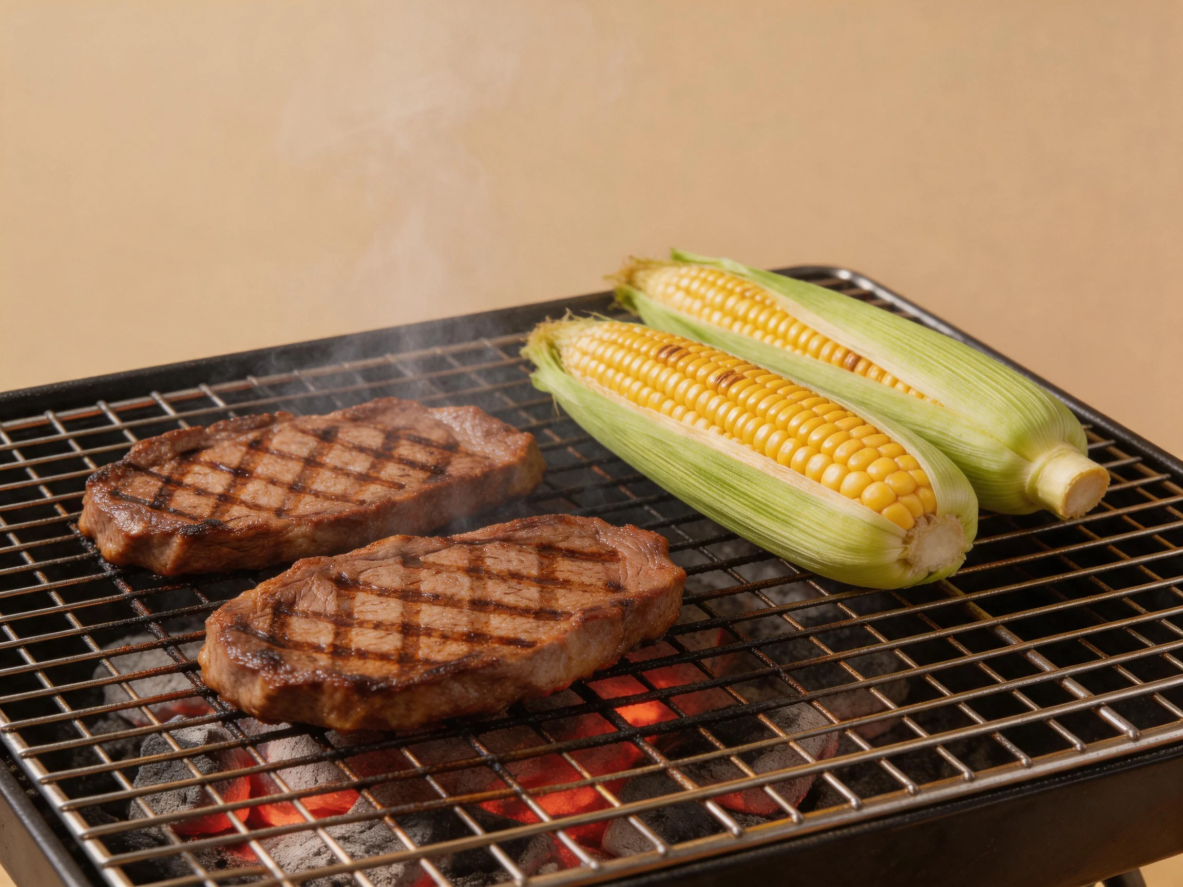 Two grilled steaks and two ears of corn on a charcoal grill