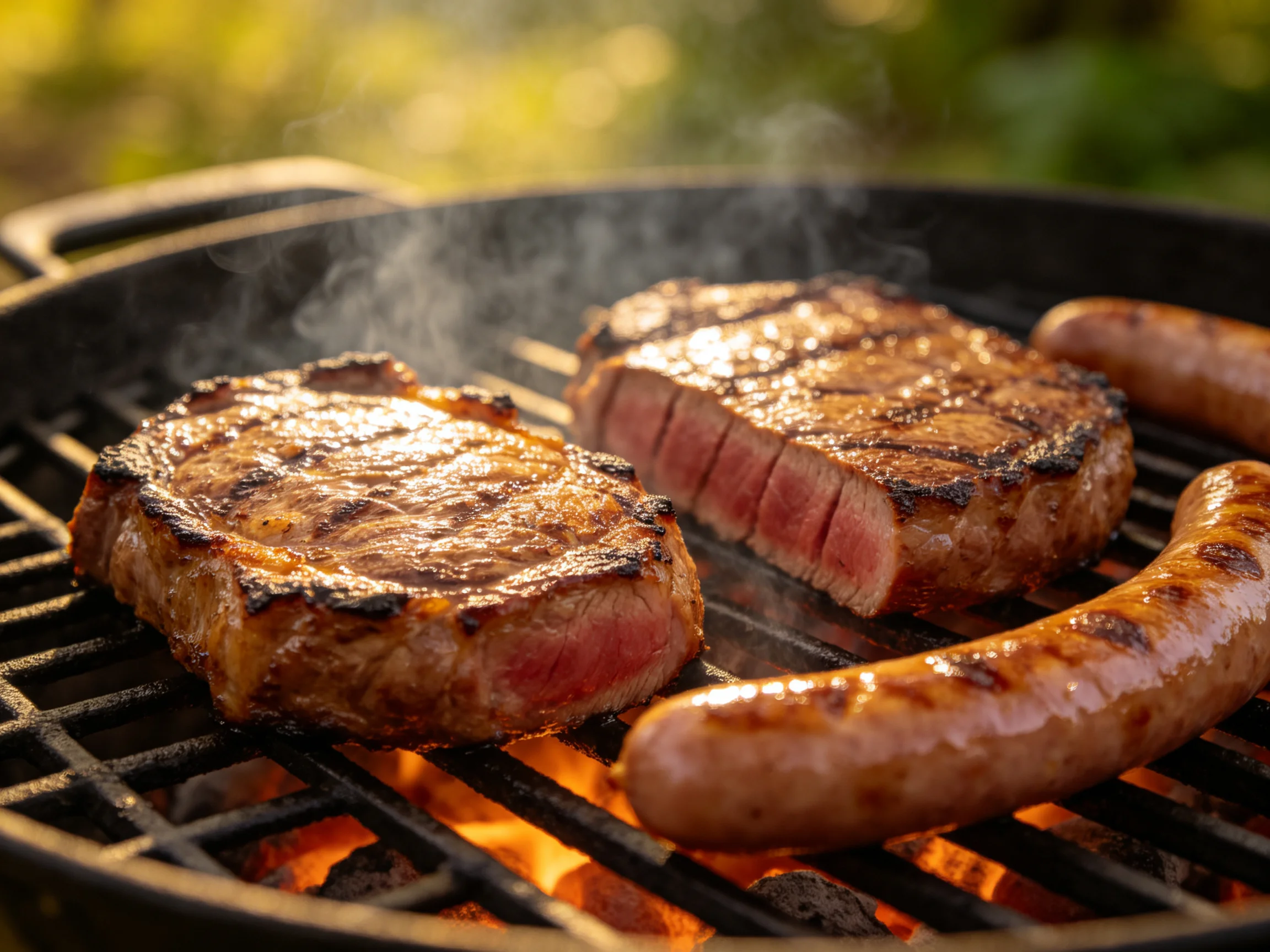 Two grilled steaks and two sausages sizzle over an open flame