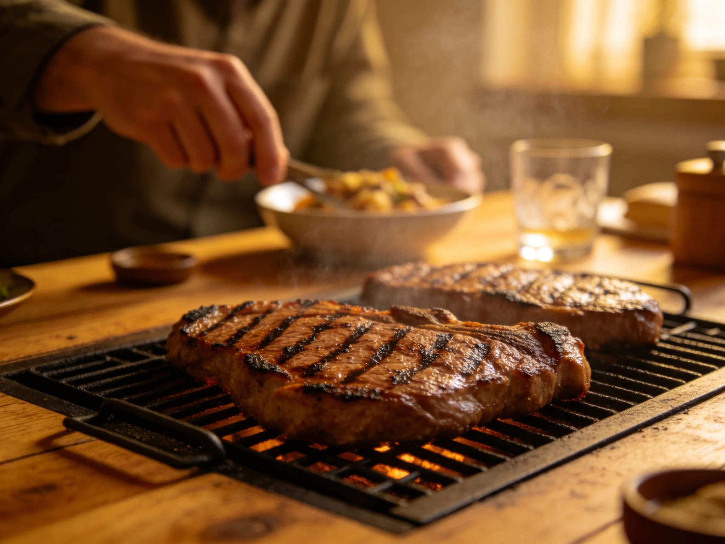 Two grilled steaks cook on a cast iron grill atop a wooden table with served food nearby.