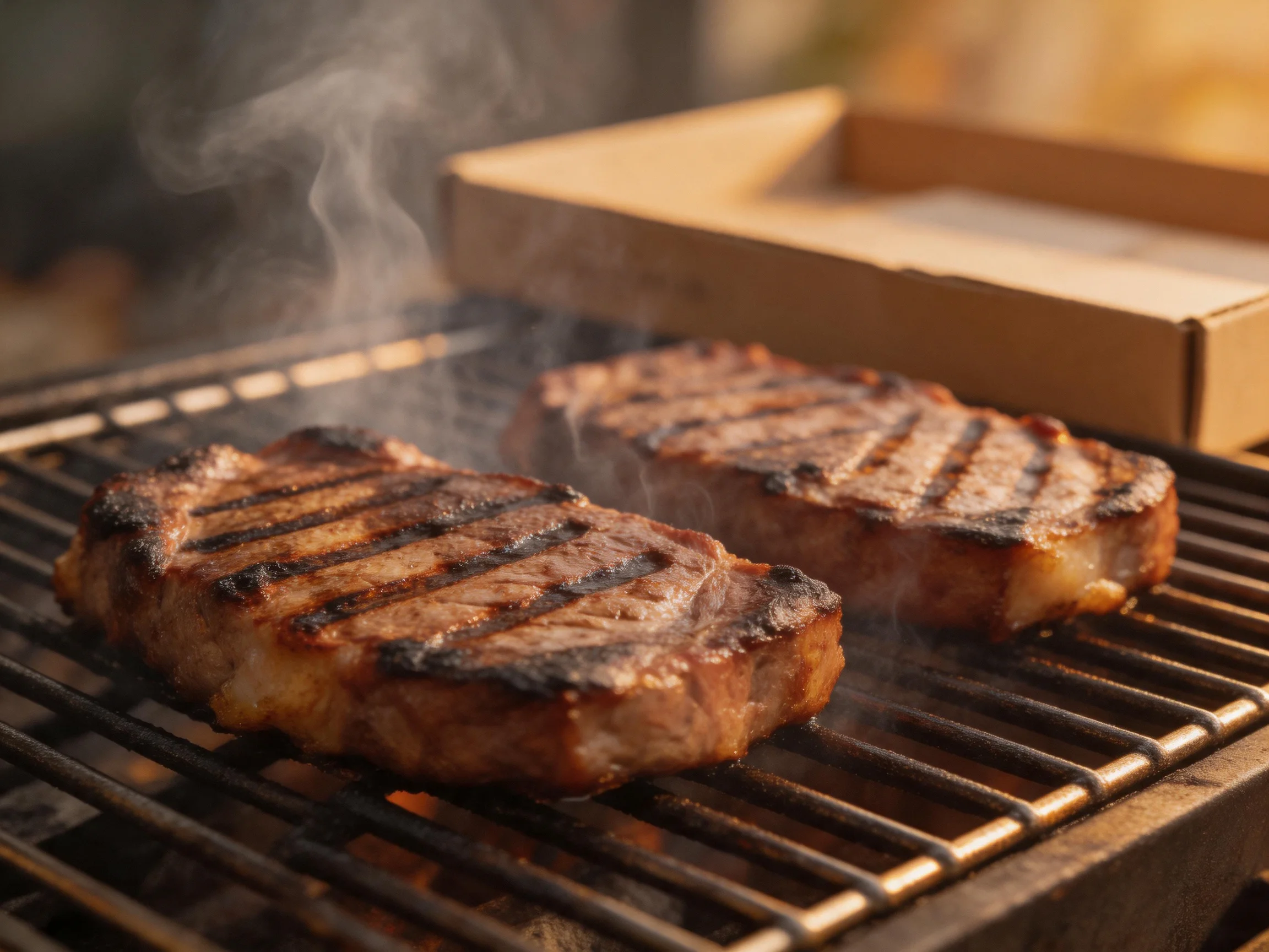 Two grilled steaks cook on a metal grill with smoke rising