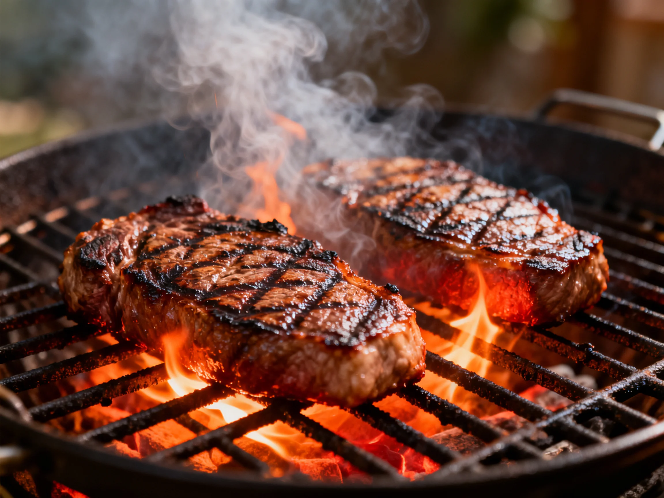 Two grilled steaks cook over bright flames on a black grill