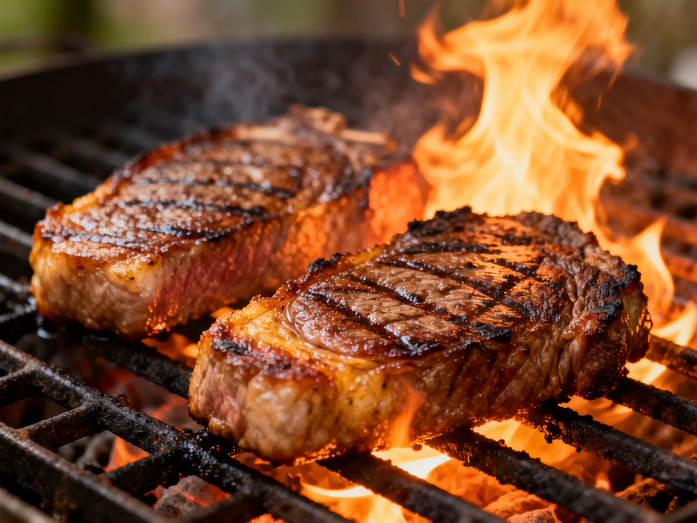 Two steaks cook over flames on a barbecue grill.