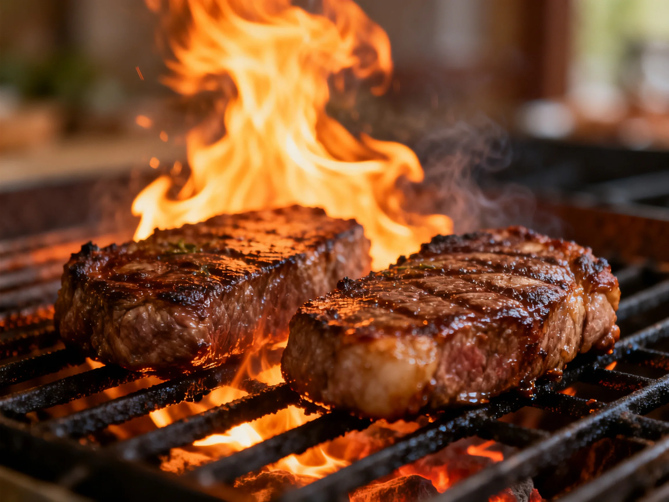 Steaks are grilled over bright flames on a grill.